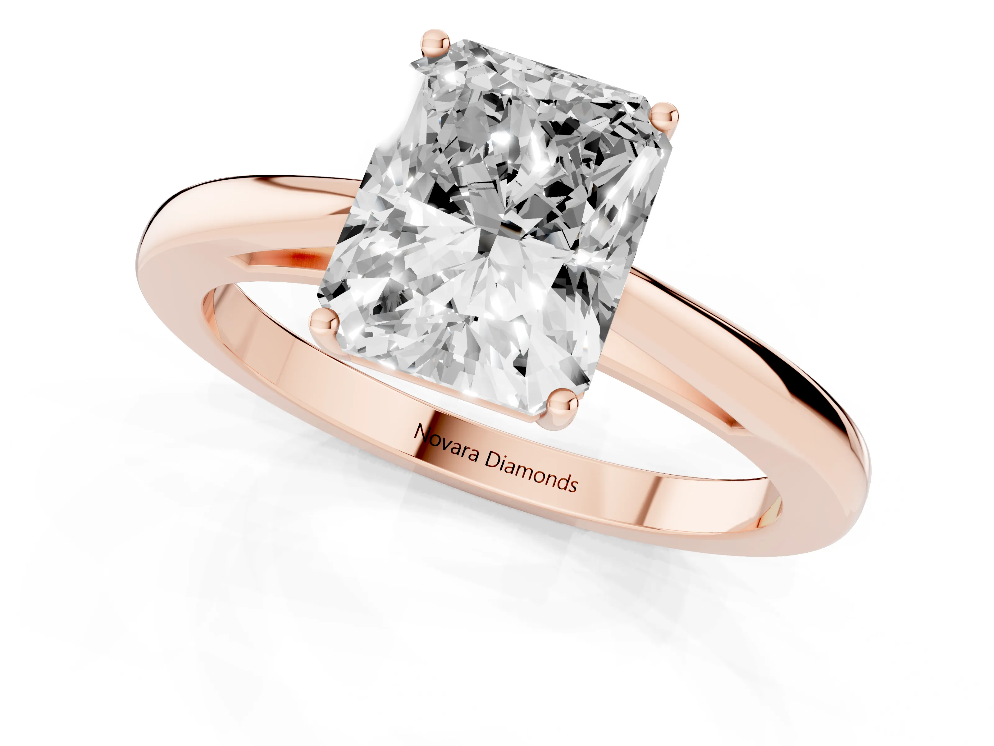 Radiant Cut Diamond Solitaire Ring Set in Rose gold with Split Shank and Prong Setting