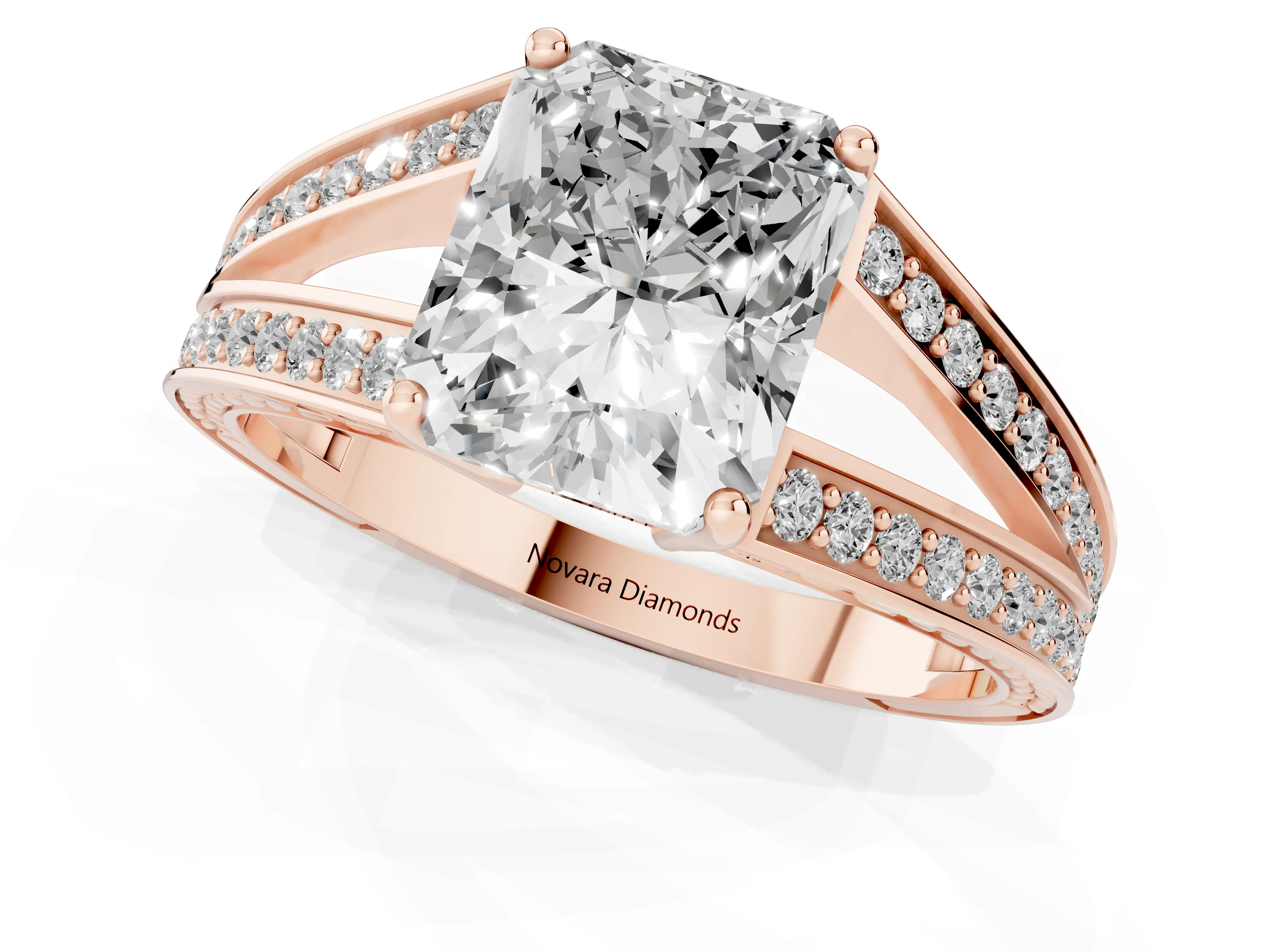 Radiant Cut Diamond Split Shank Ring Set in Rose gold with Pavé Band and Prong Setting