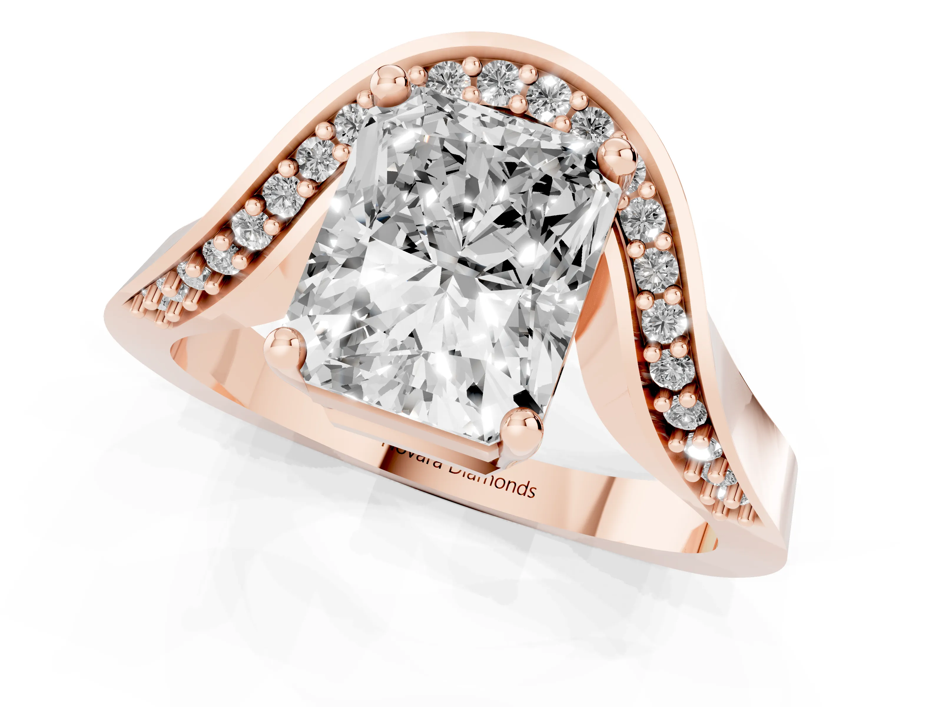 Radiant Cut Diamond Solitaire Engagement Ring Set in Rose gold with Pavé Shoulders