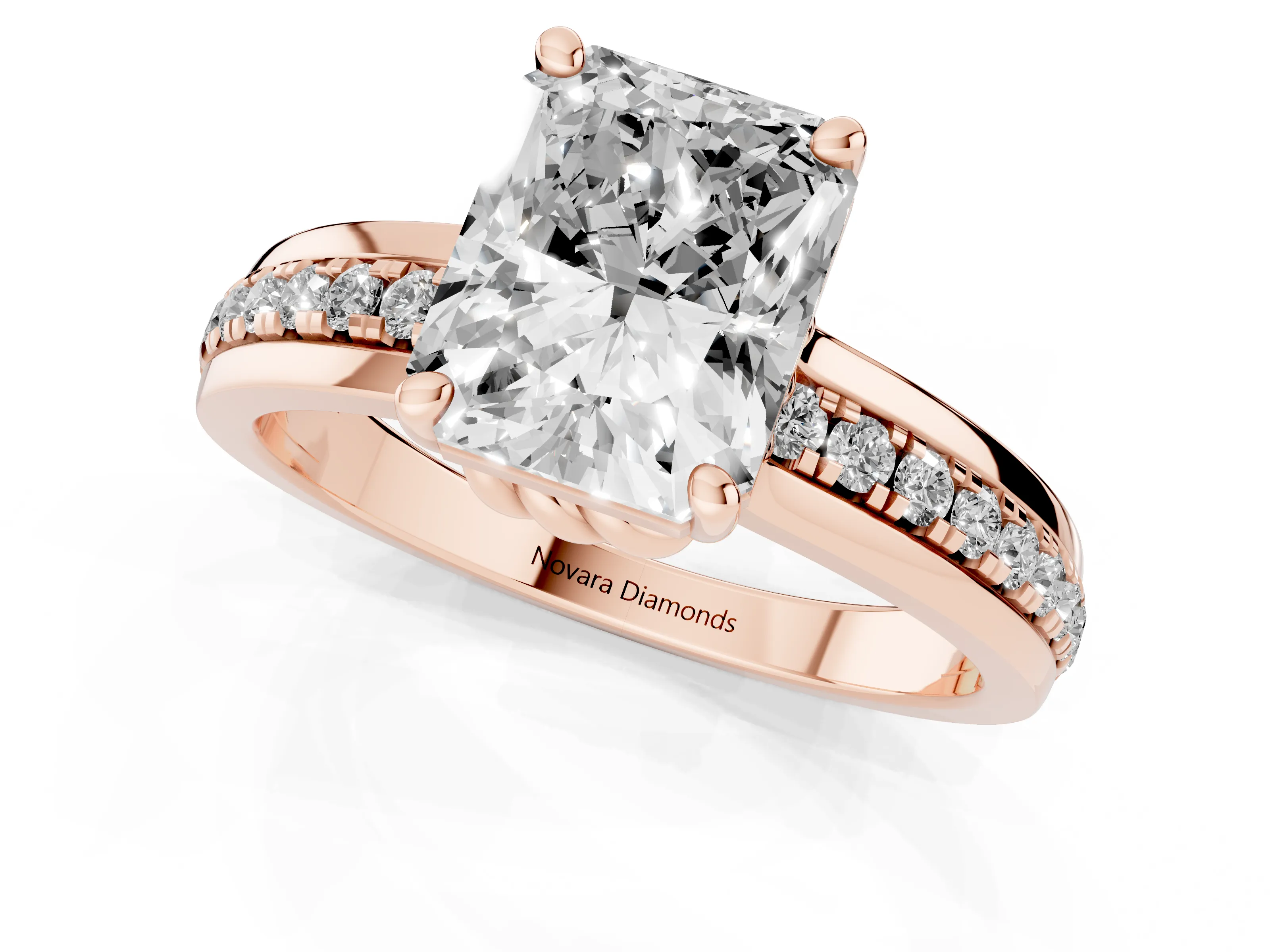 Radiant Cut Diamond Solitaire Ring Set in Rose gold with Channel Set Band and Prong Setting