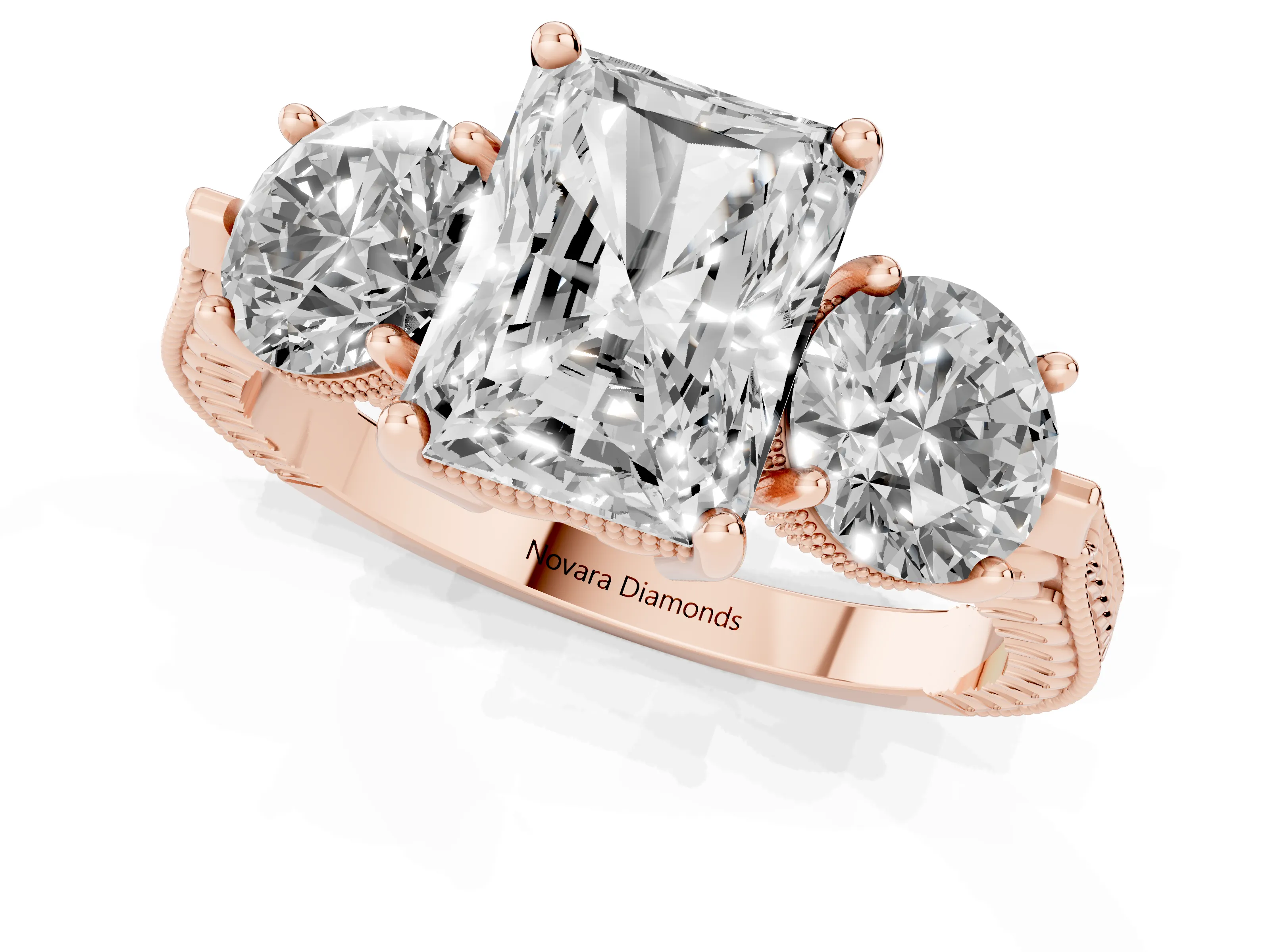 Radiant Cut Diamond Three-Stone Ring Set in Rose gold with Milgrain Band