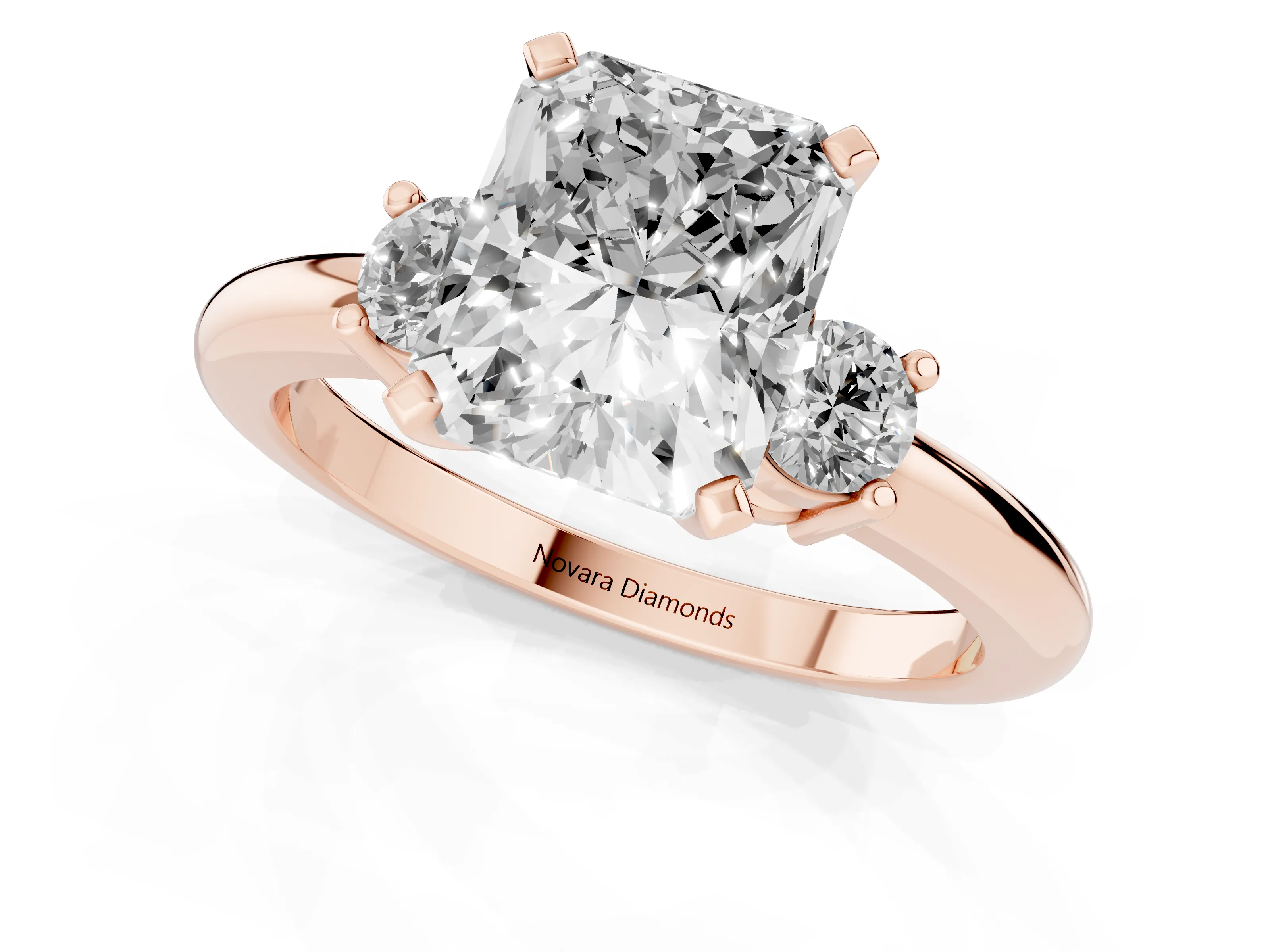 Three-Stone Radiant Cut Diamond Ring Set in Rose gold with Prong Setting and Plain Band