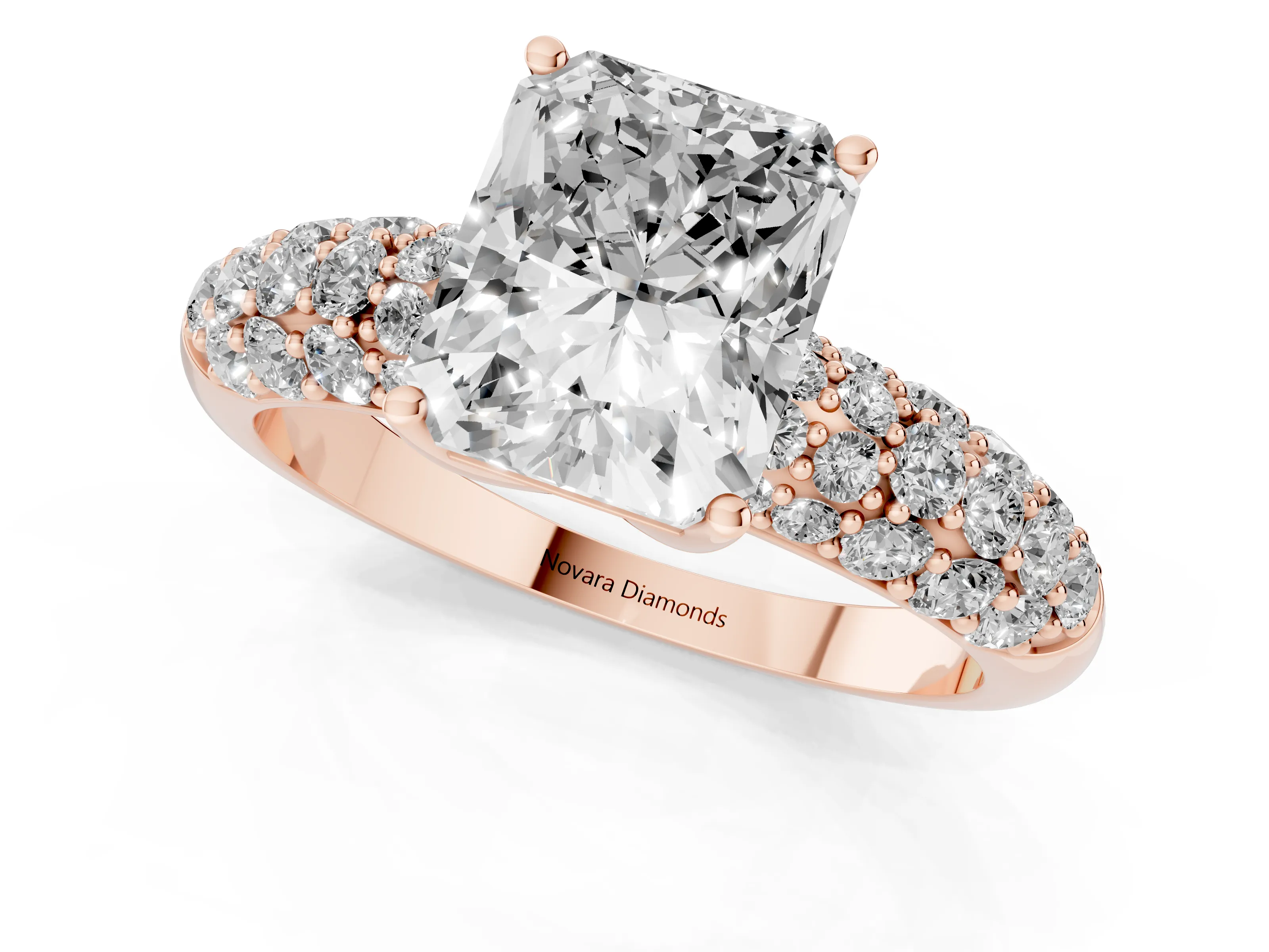 Radiant Cut Diamond Pavé Band Solitaire Ring Set in Rose gold with Close-Set Accent Stones and Prong Setting