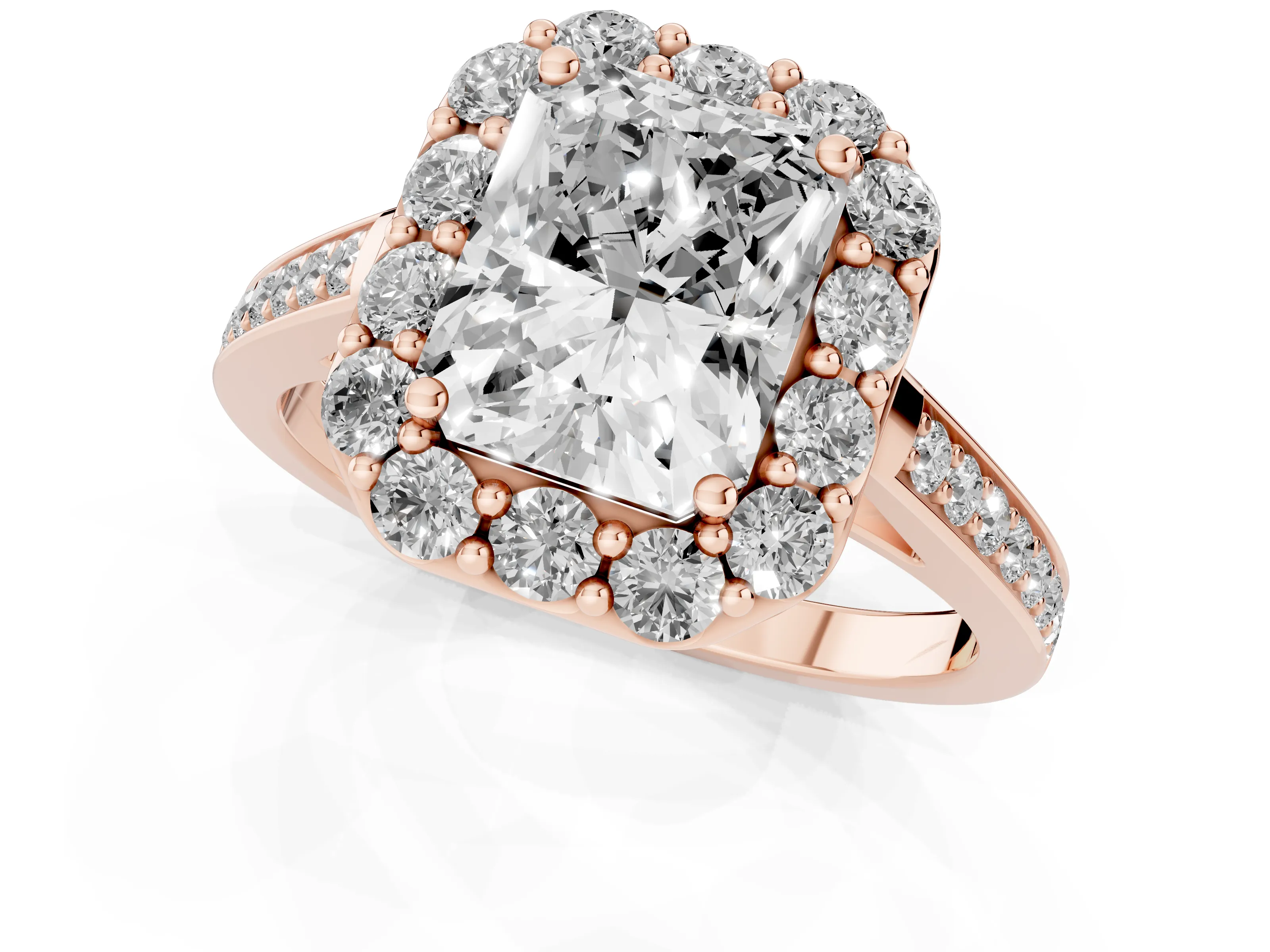 Radiant Cut Diamond Floral Halo Ring Set in Rose gold with Pavé Band and Prong Setting