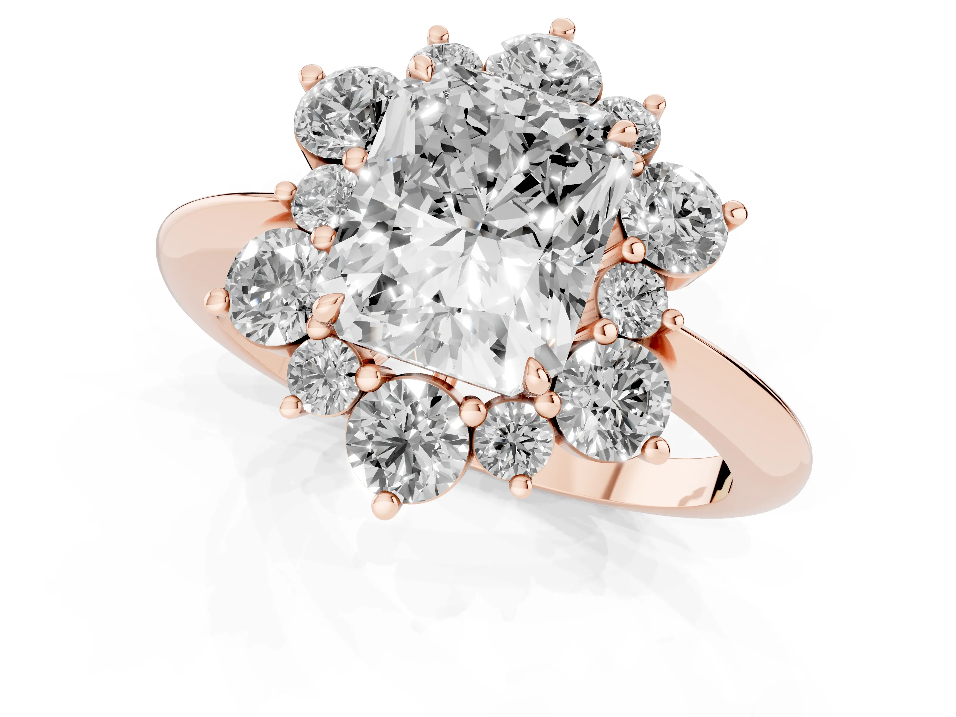 Radiant Cut Diamond Cluster Halo Ring Set in Rose gold with Solitaire Band and Prong Setting – second view