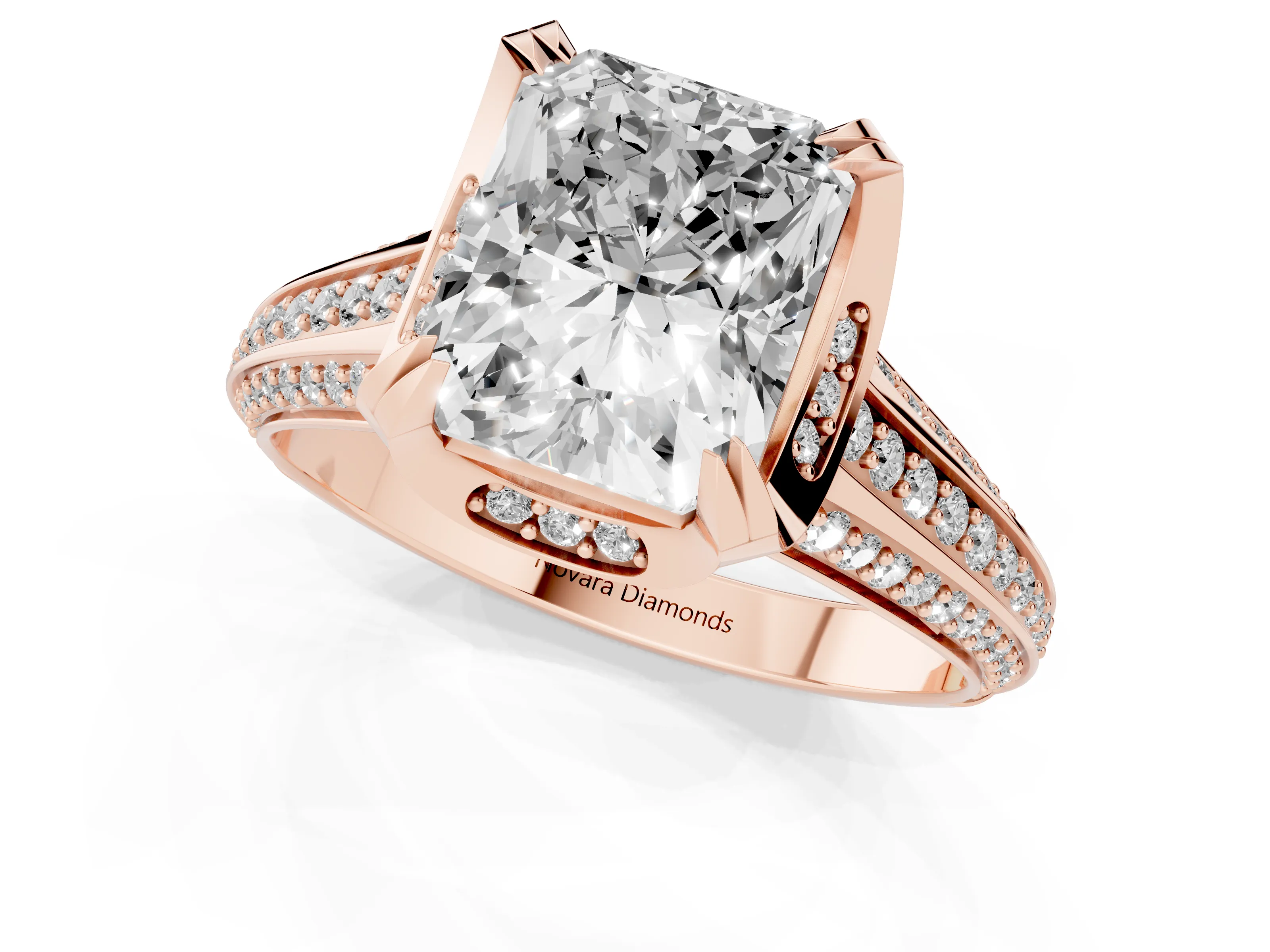 Radiant Cut Diamond Pavé Split Shank Solitaire Ring Set in Rose gold with Prong Setting