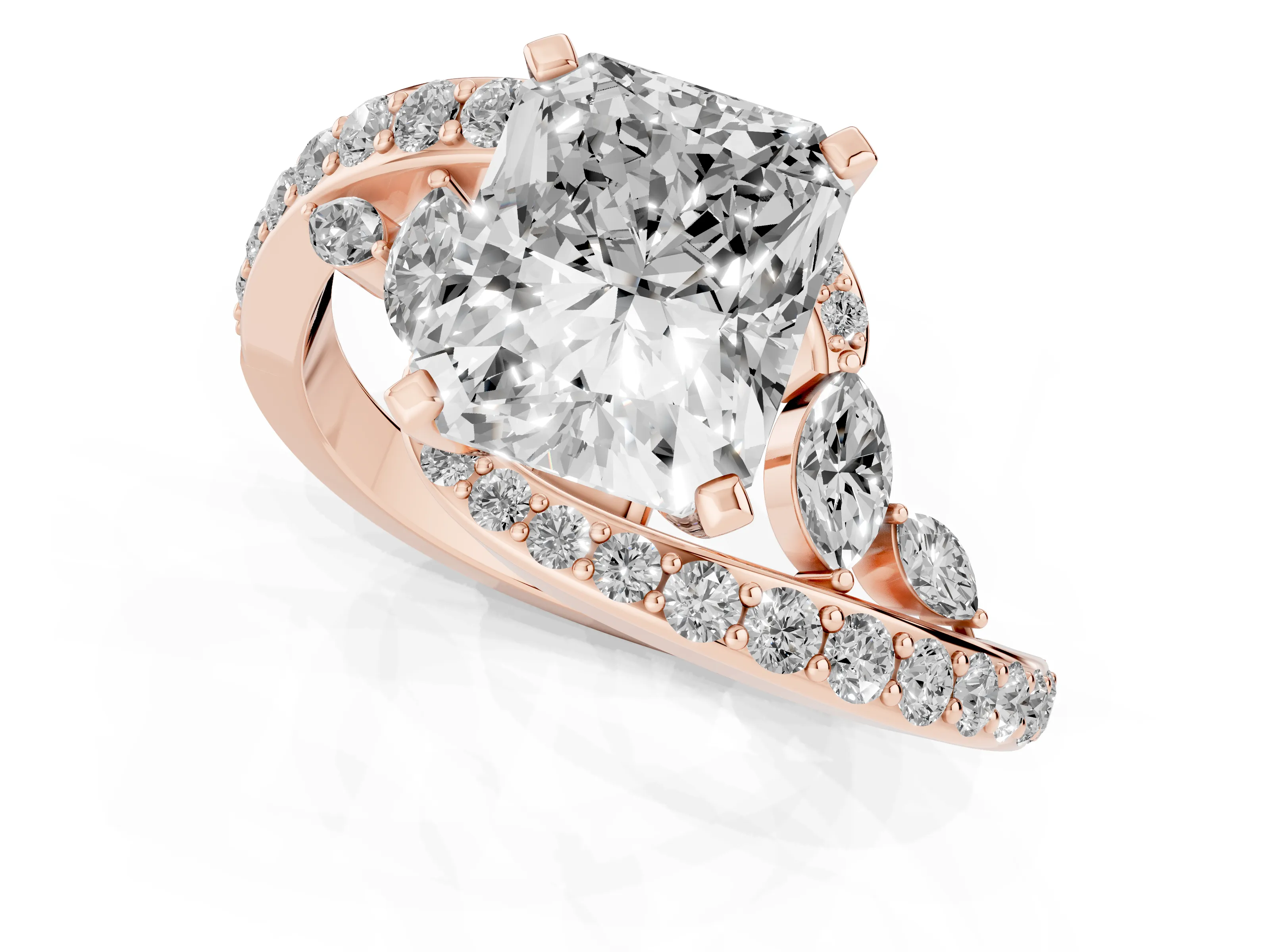 Radiant Cut Diamond Solitaire Ring Set in Rose gold with Pavé Twist Band and Secure Prong Setting