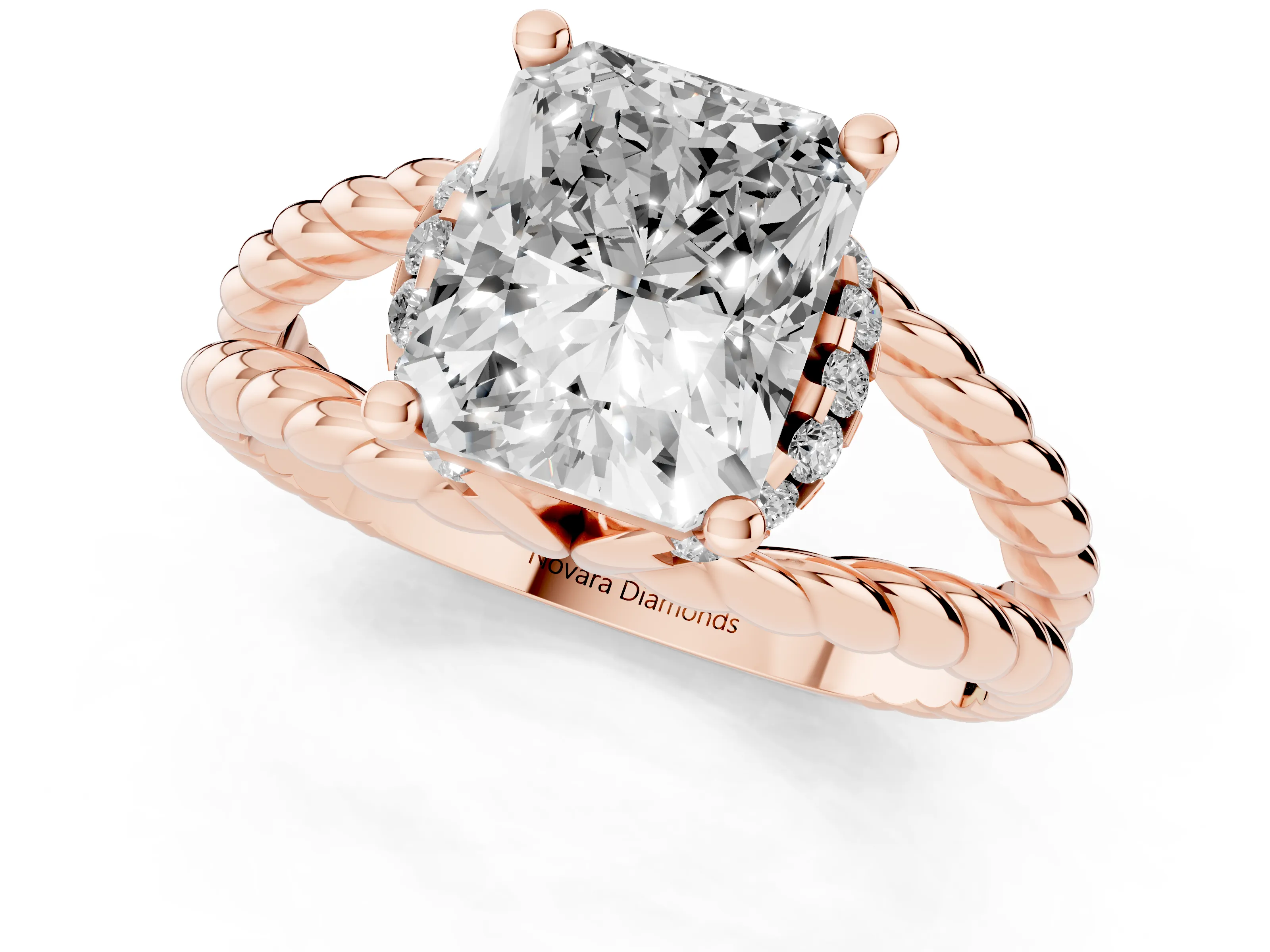 Radiant Cut Diamond Halo Ring Set in Rose gold with Twisted Band and Prong Setting