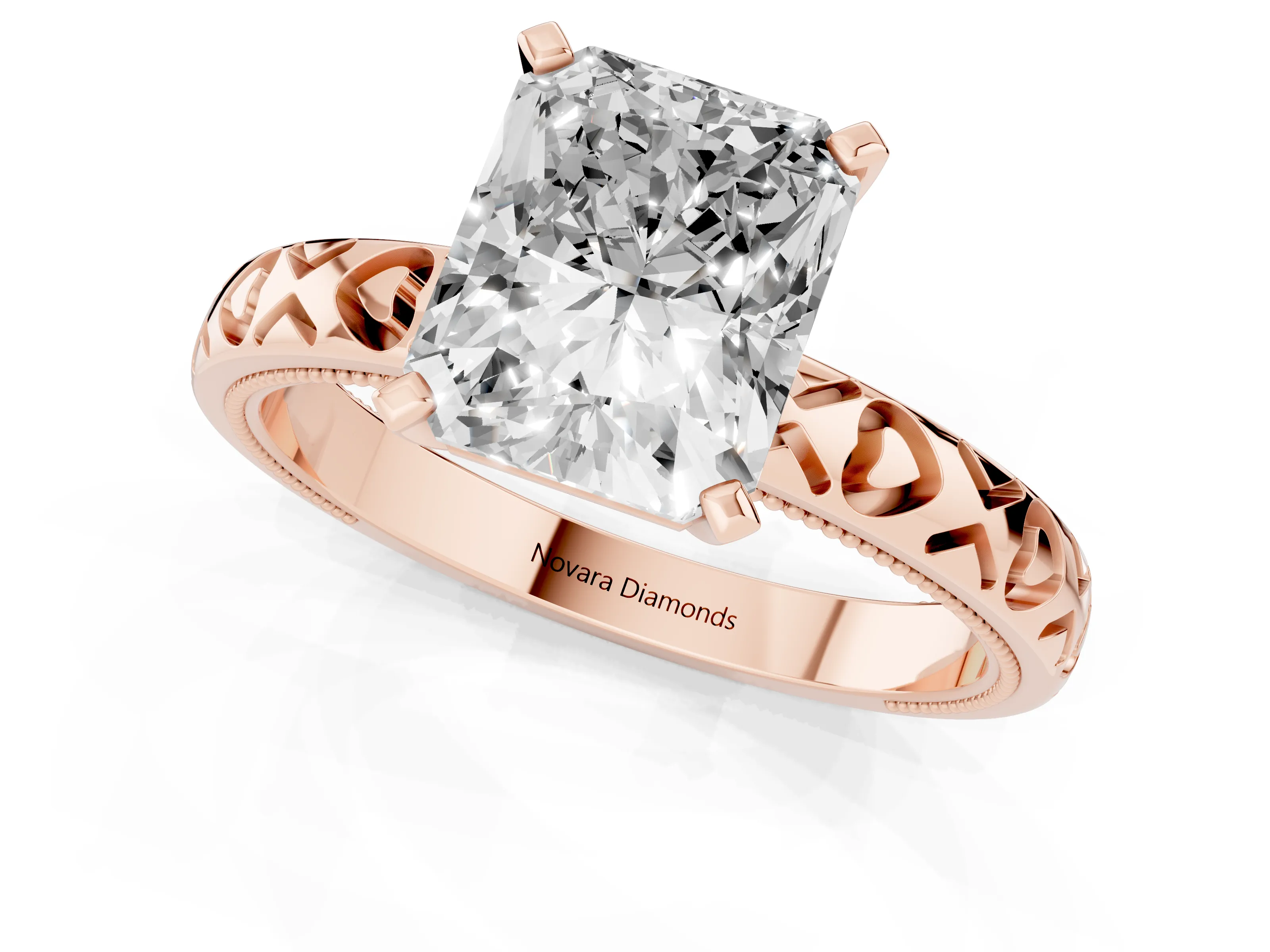 Radiant Cut Diamond Solitaire Engagement Ring Set in Rose gold with XO Engraved Band and Prong Setting