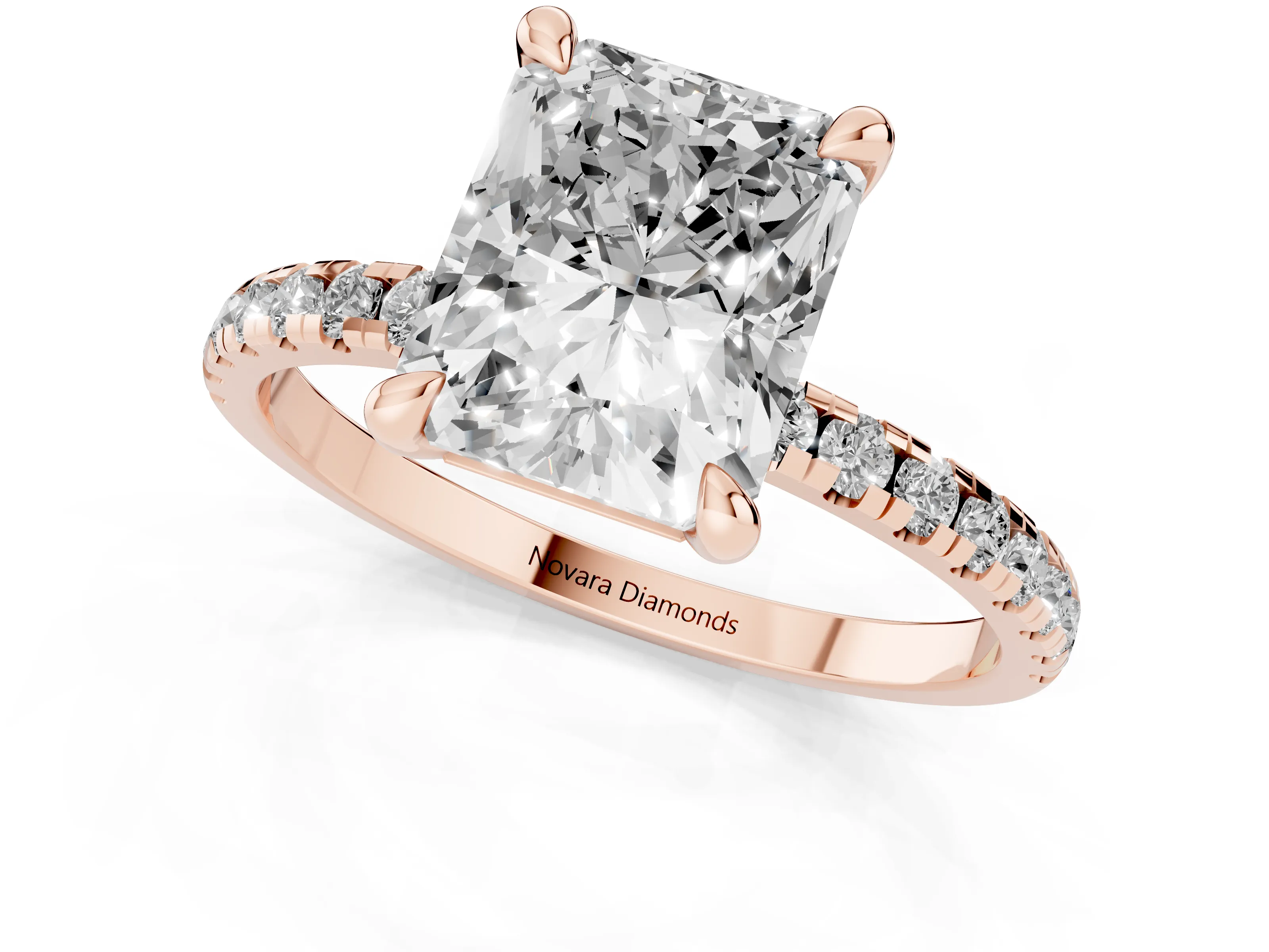 Radiant Cut Diamond Brilliant Solitaire Ring Set in Rose gold with Pavé Band and Prong Setting