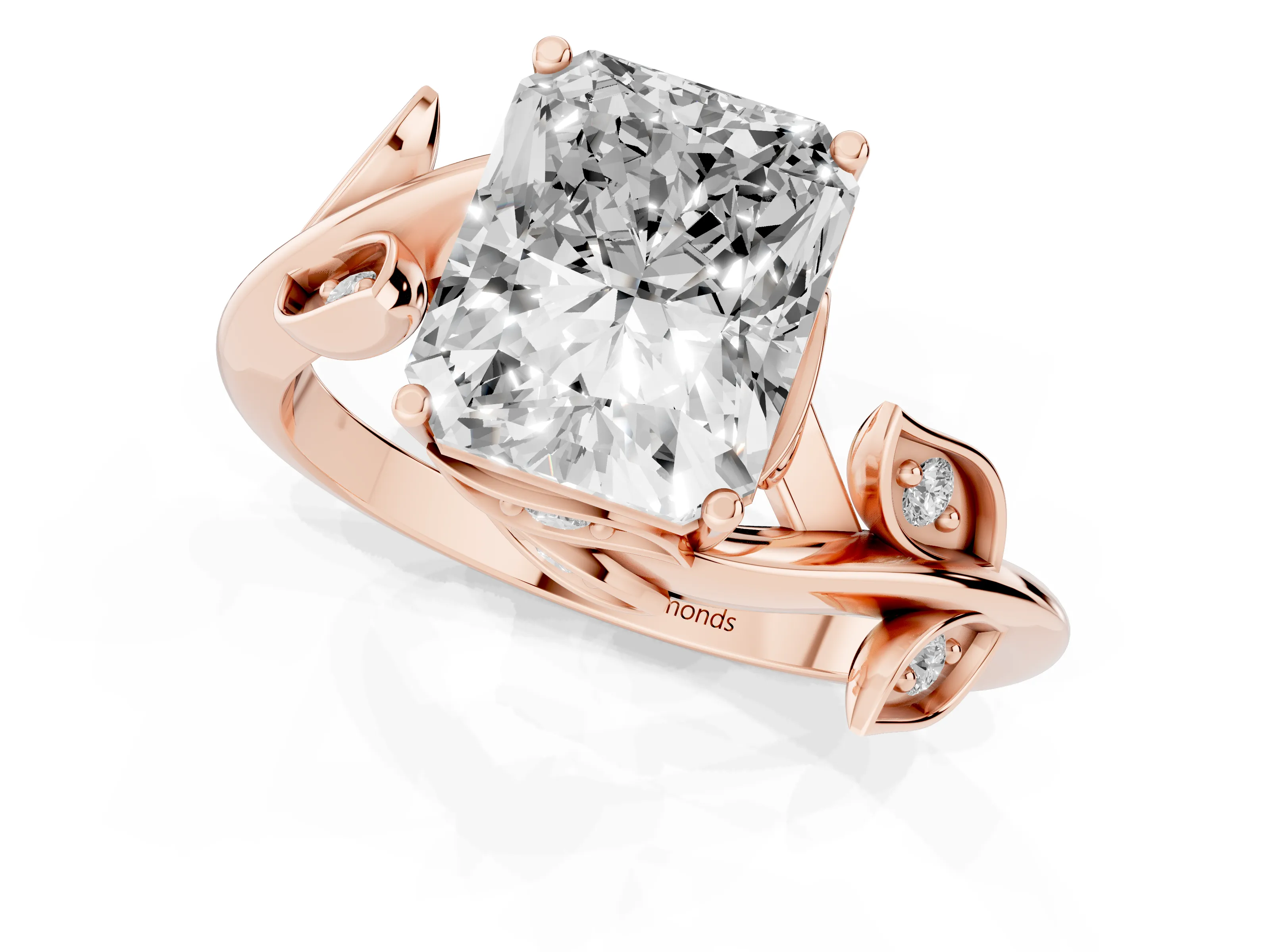 Radiant Cut Diamond Solitaire Twist Engagement Ring Set in Rose gold with Pavé Leaf Accents