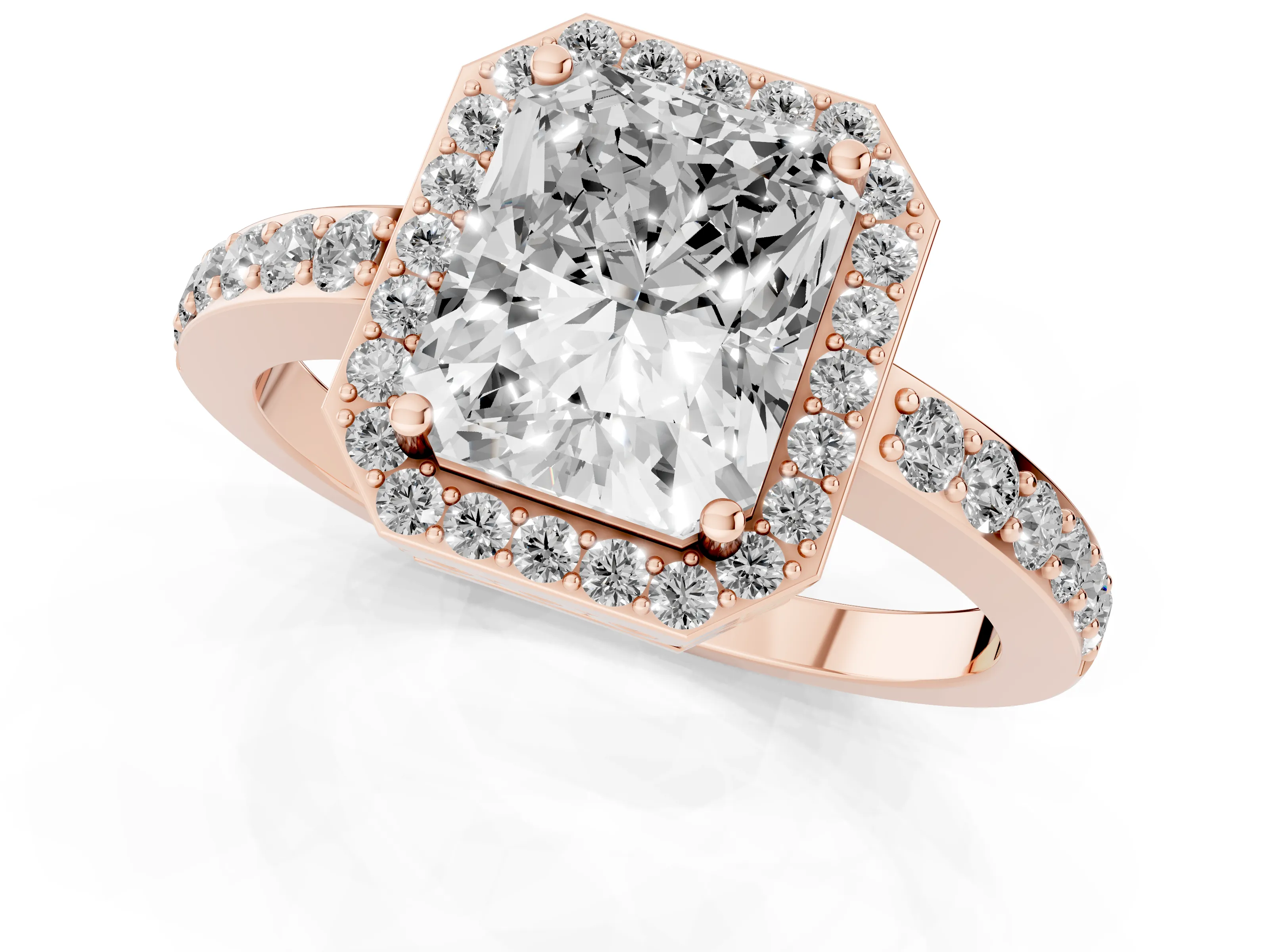 Radiant Cut Diamond Halo Ring Set in Rose gold with Pavé-Setting Band and Open Prong Center