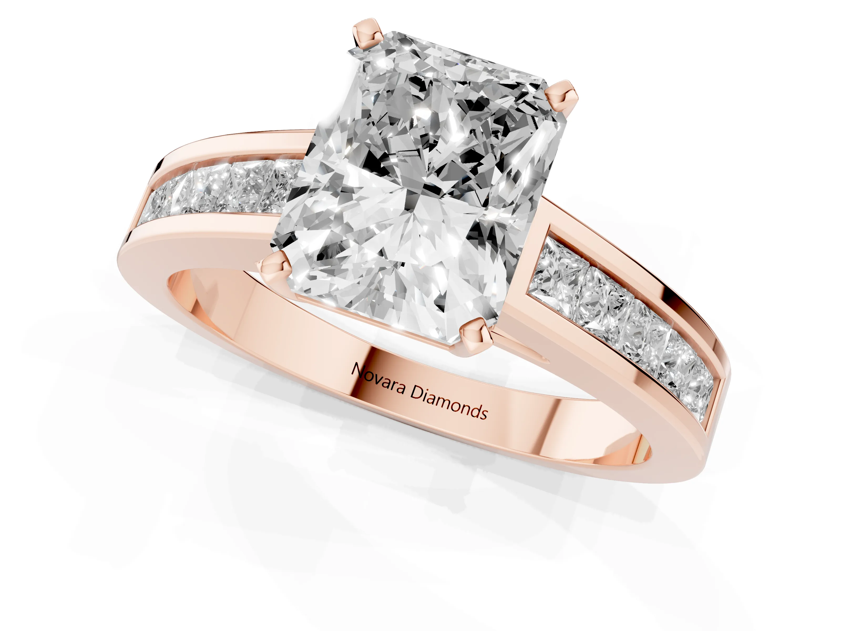 Radiant Cut Diamond Solitaire Ring Set in Rose gold with Channel-Set Band and Prong Setting