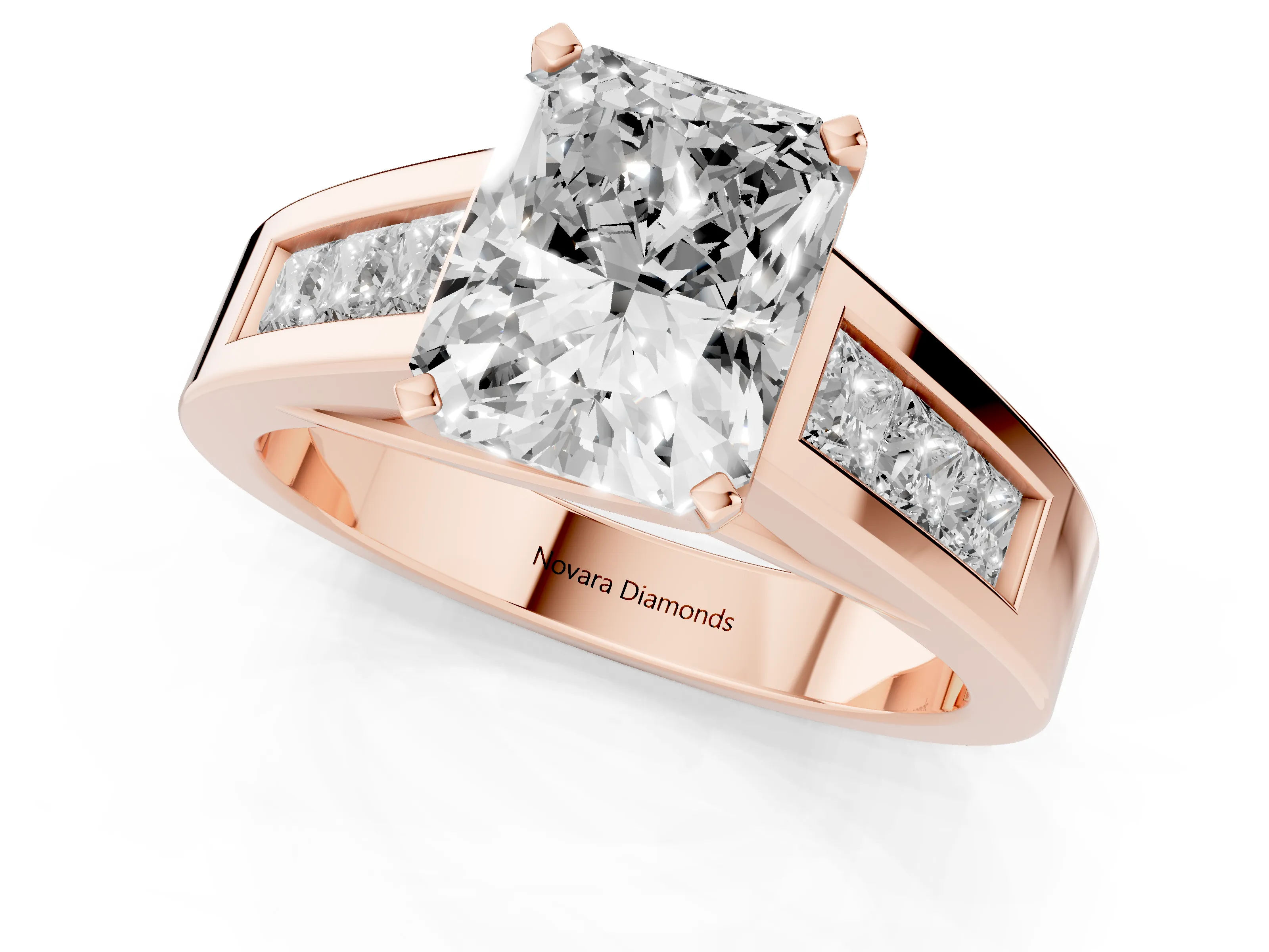 Radiant Cut Diamond Solitaire Ring Set in Rose gold with Channel-Set Accent Stones and Prong Setting