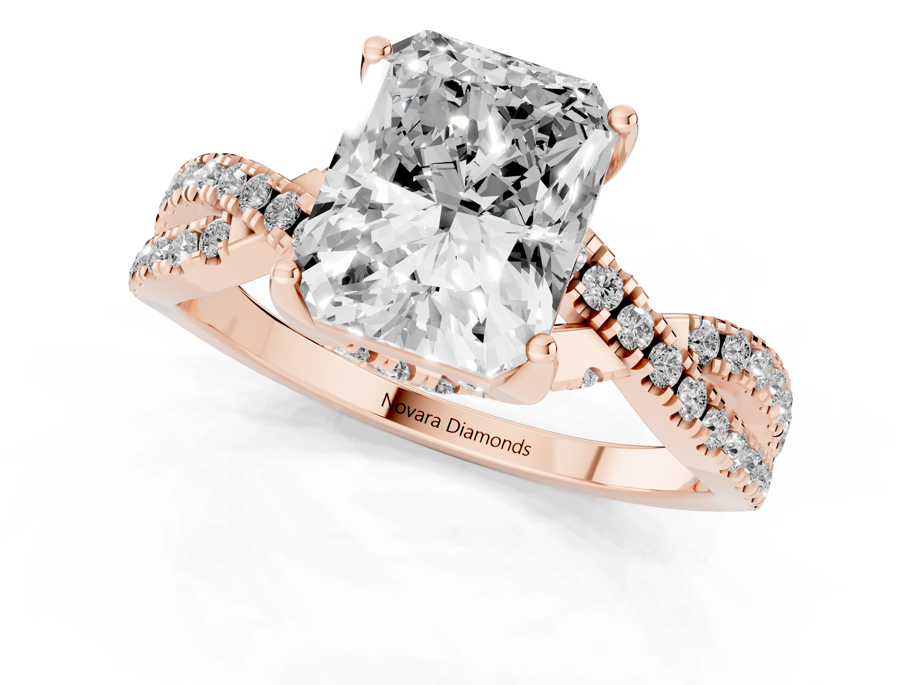 Radiant Cut Diamond Twist Pavé Solitaire Engagement Ring Set in Rose gold with Prong Setting