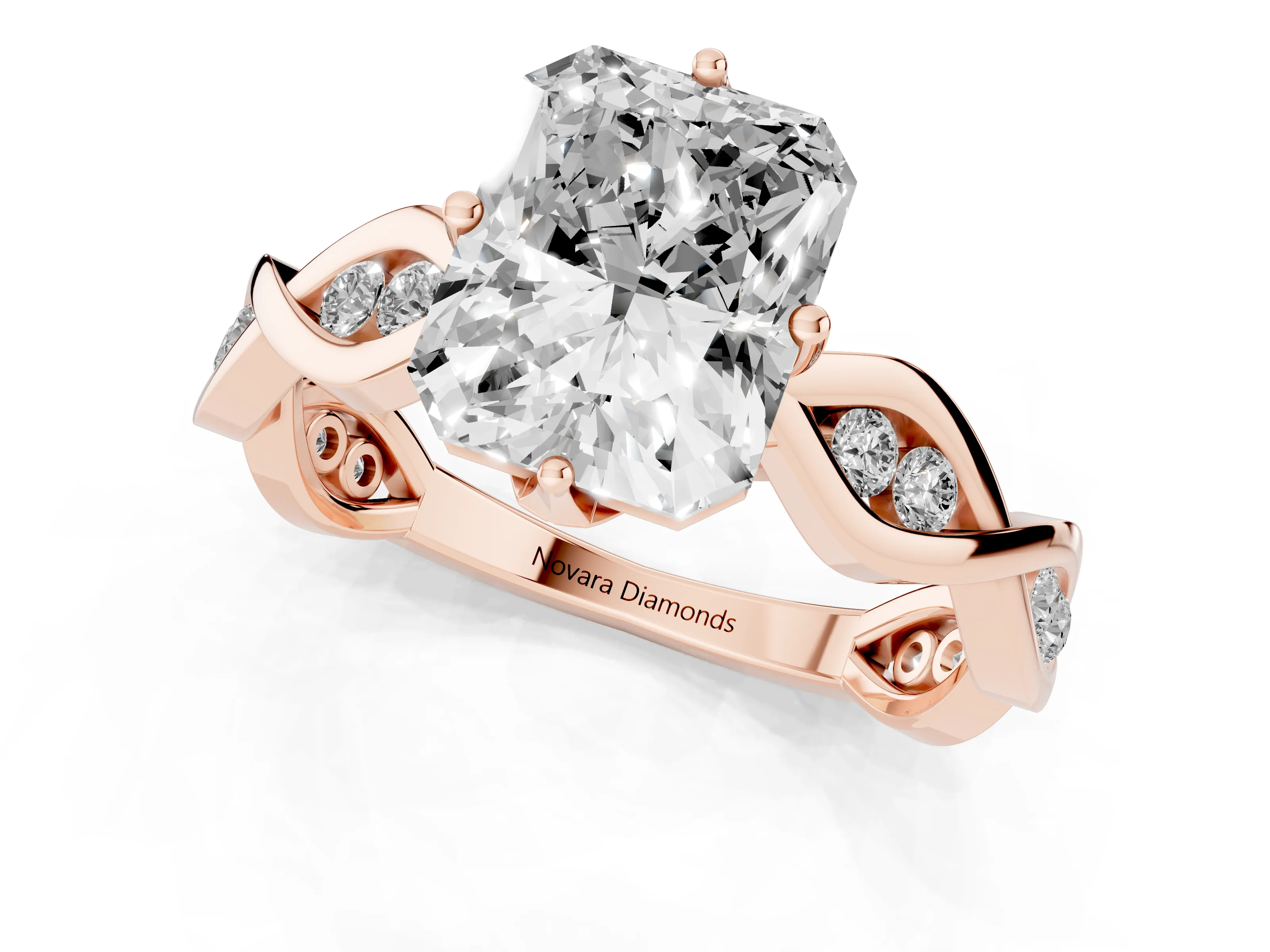 Radiant Cut Diamond Twist Band Solitaire Ring Set in Rose gold with Leaf Prong Setting and Accent Stones