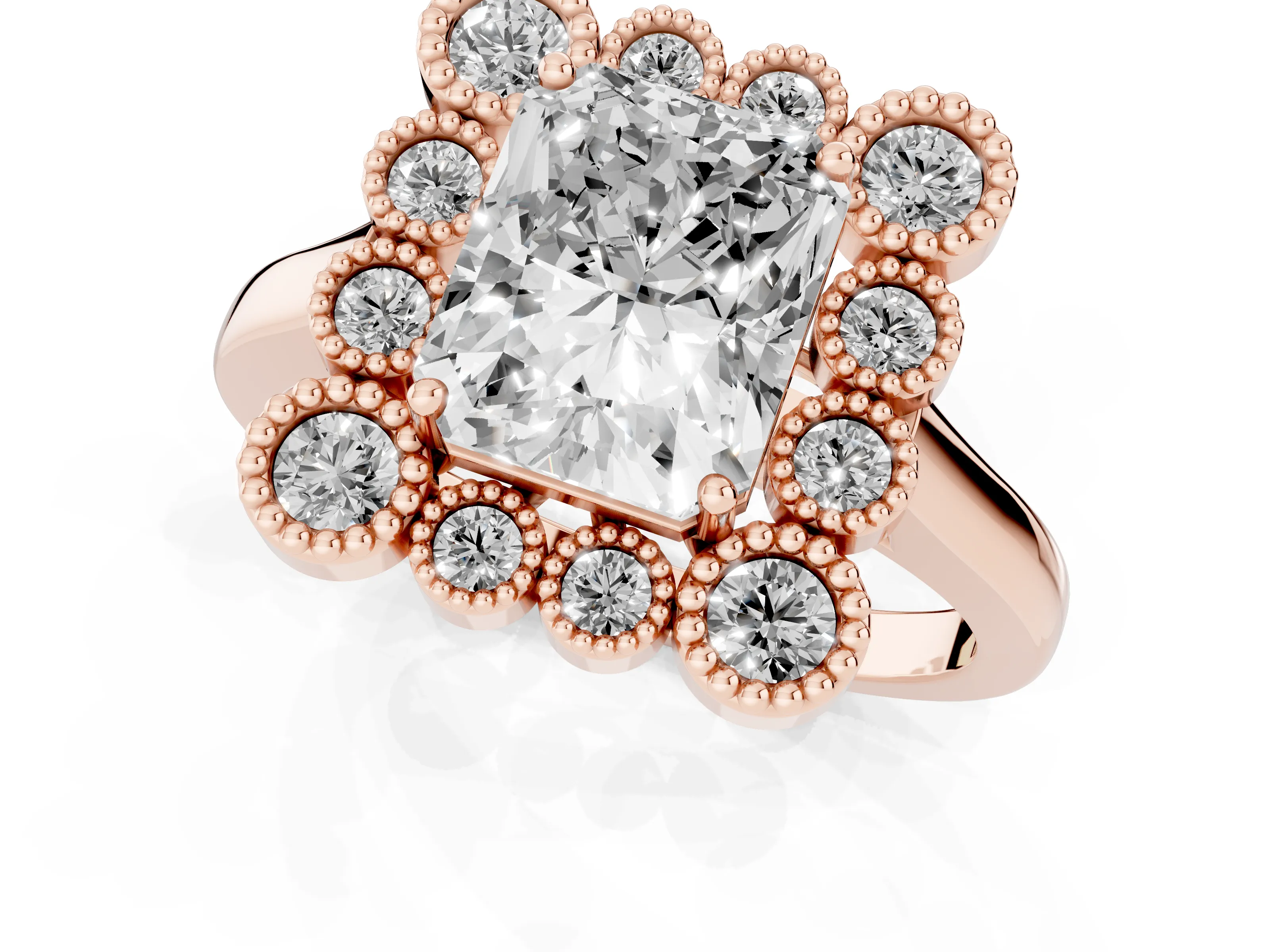 Radiant Cut Diamond Cluster Halo Ring Set in Rose gold with Milgrain Bezel Accents and Plain Band