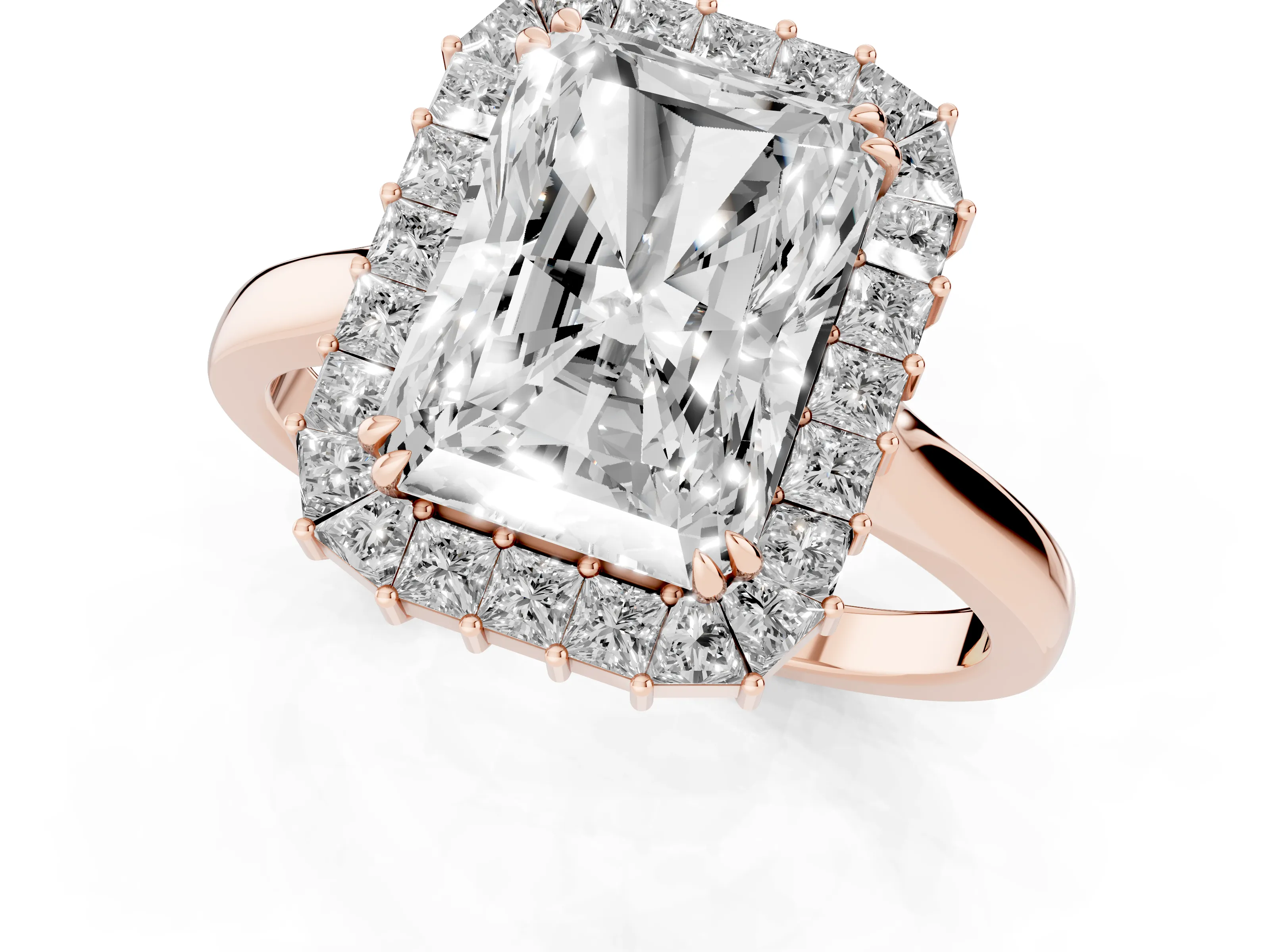 Radiant Diamond Baguette Halo Ring Set in Rose gold with Round Accents and Slim Band – second view