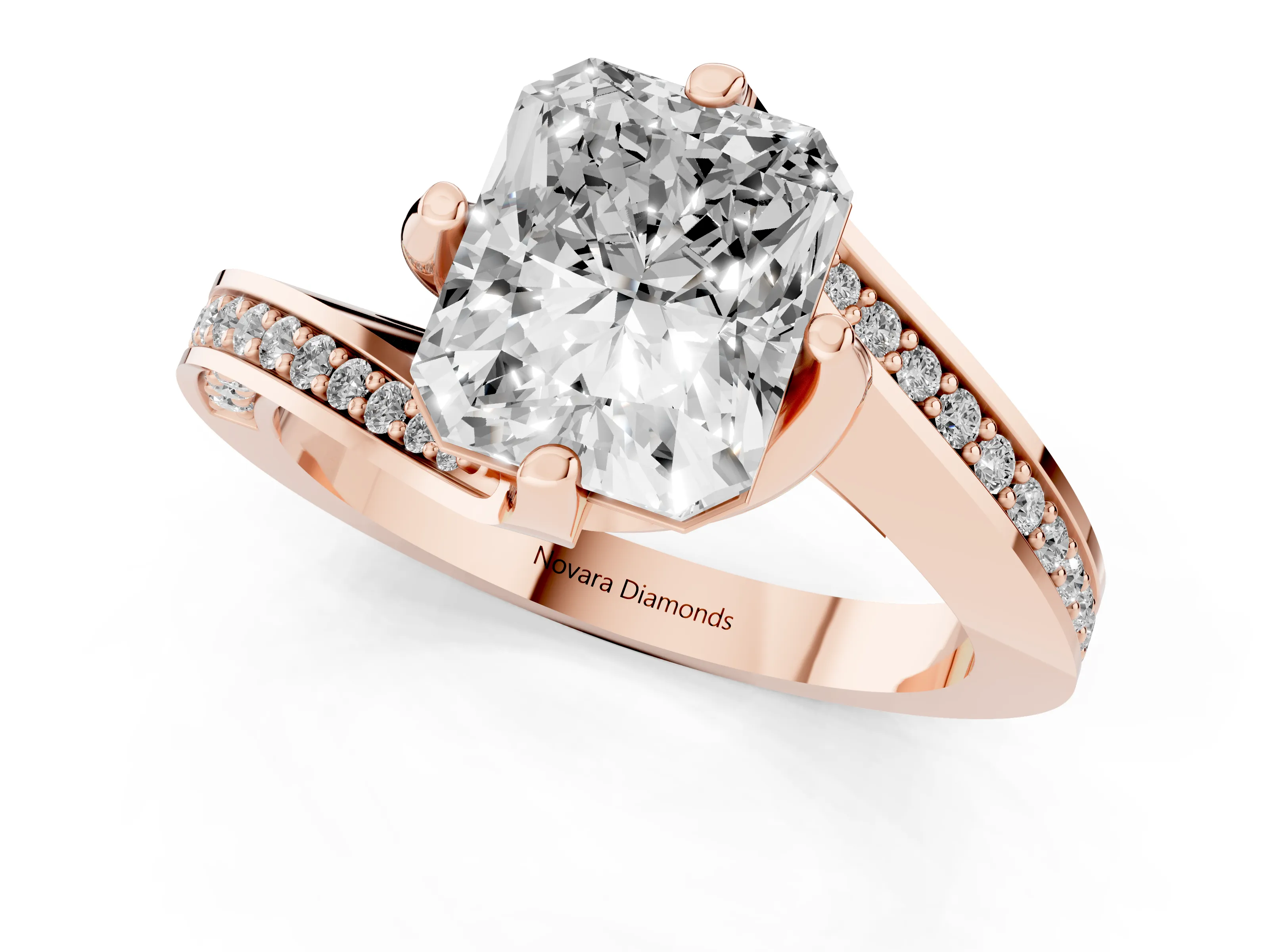Radiant Cut Diamond Solitaire Ring Set in Rose gold with Intertwined Pavé Twist Band