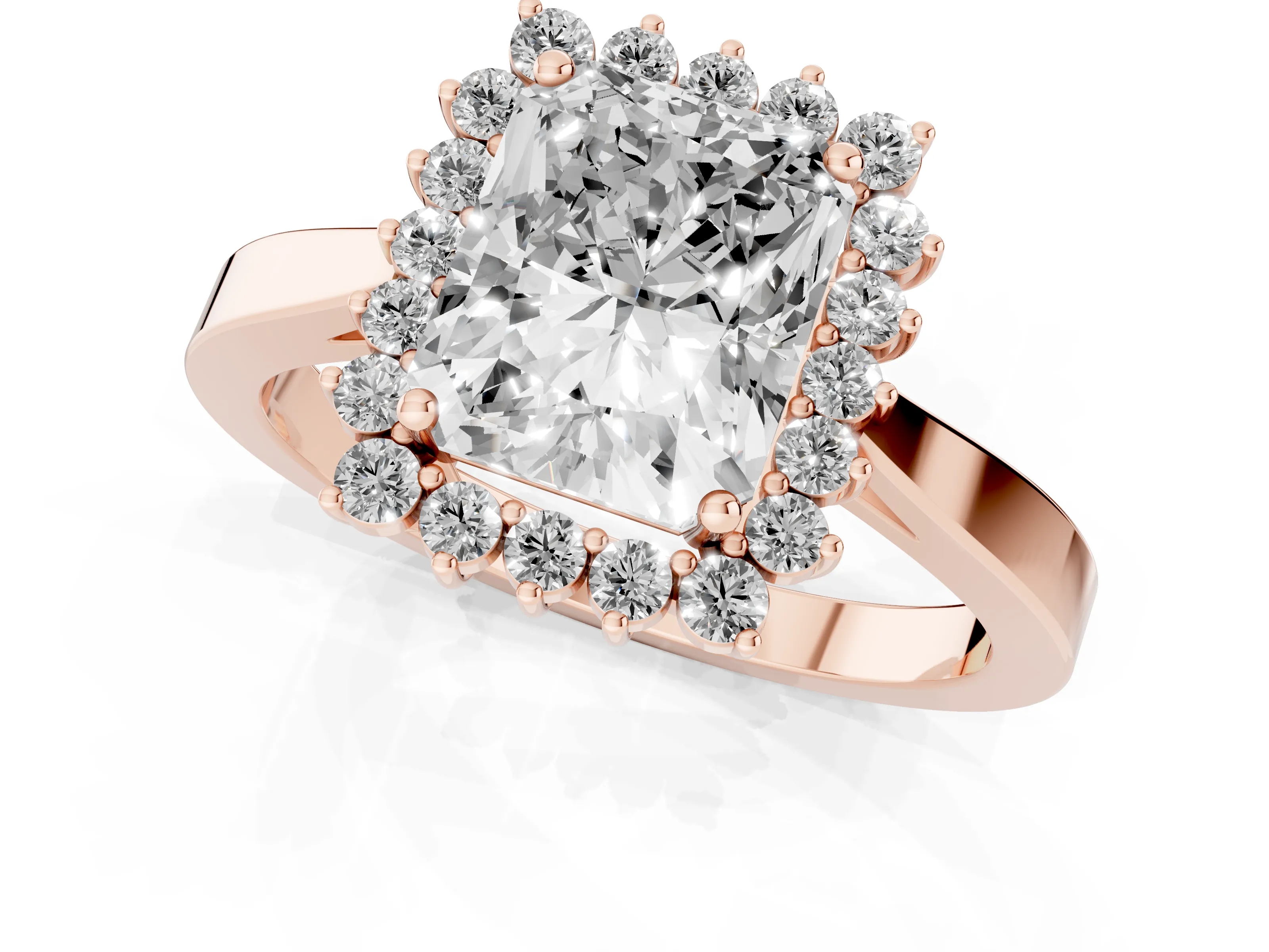 Radiant Cut Diamond Halo Ring Set in Rose gold with Round Halo and Smooth Solitaire Band