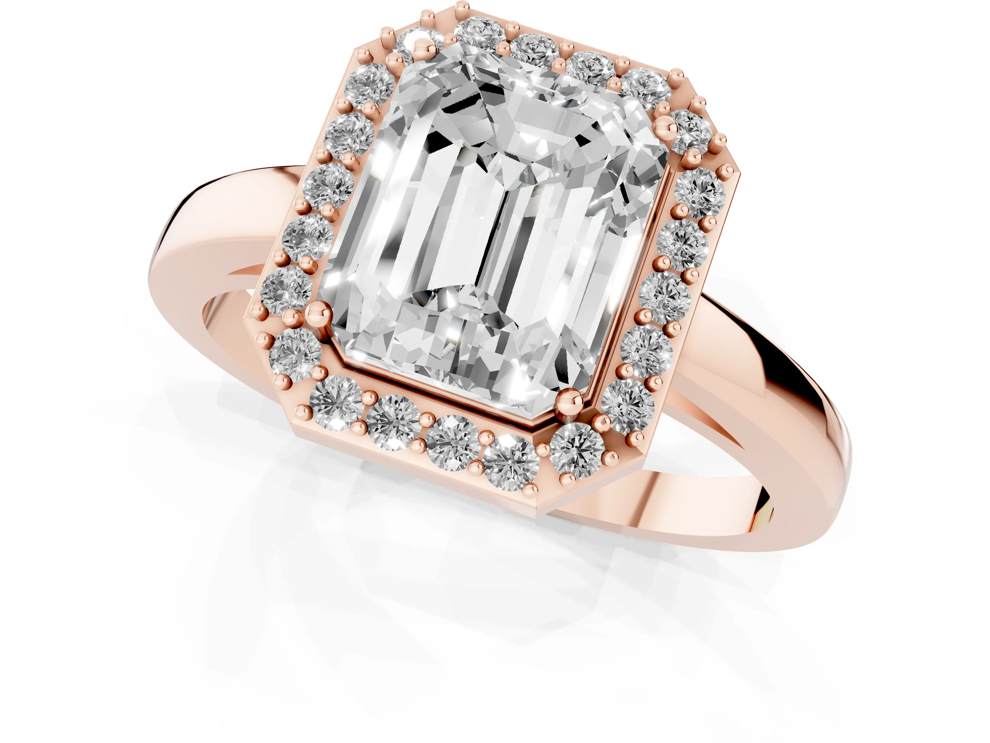 Radiant Cut Diamond Halo Ring Set in Rose gold with Solitaire Band and Prong Setting