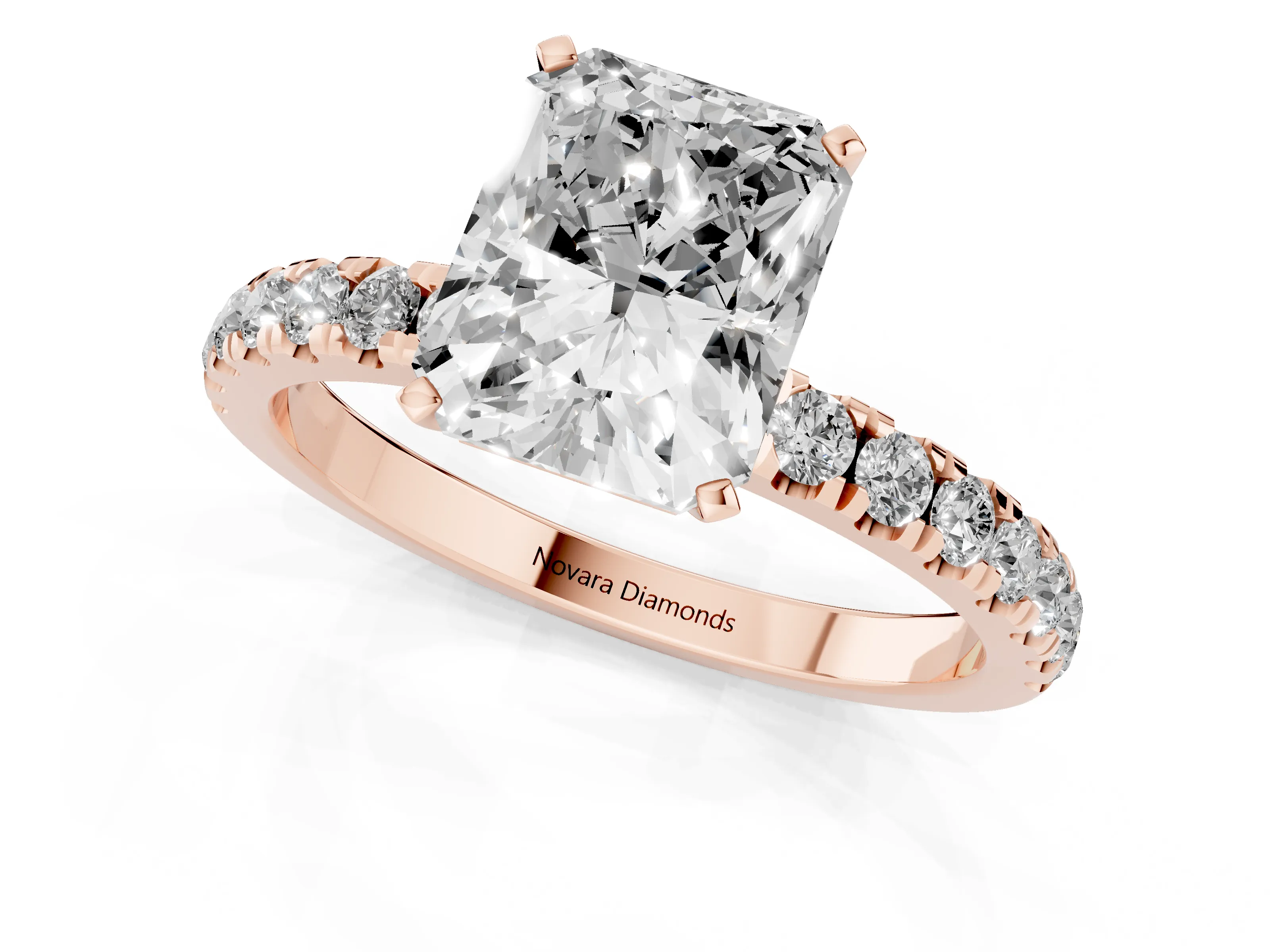 Radiant Cut Diamond Solitaire Ring Set in Rose gold with Pavé Accents and Prong Setting