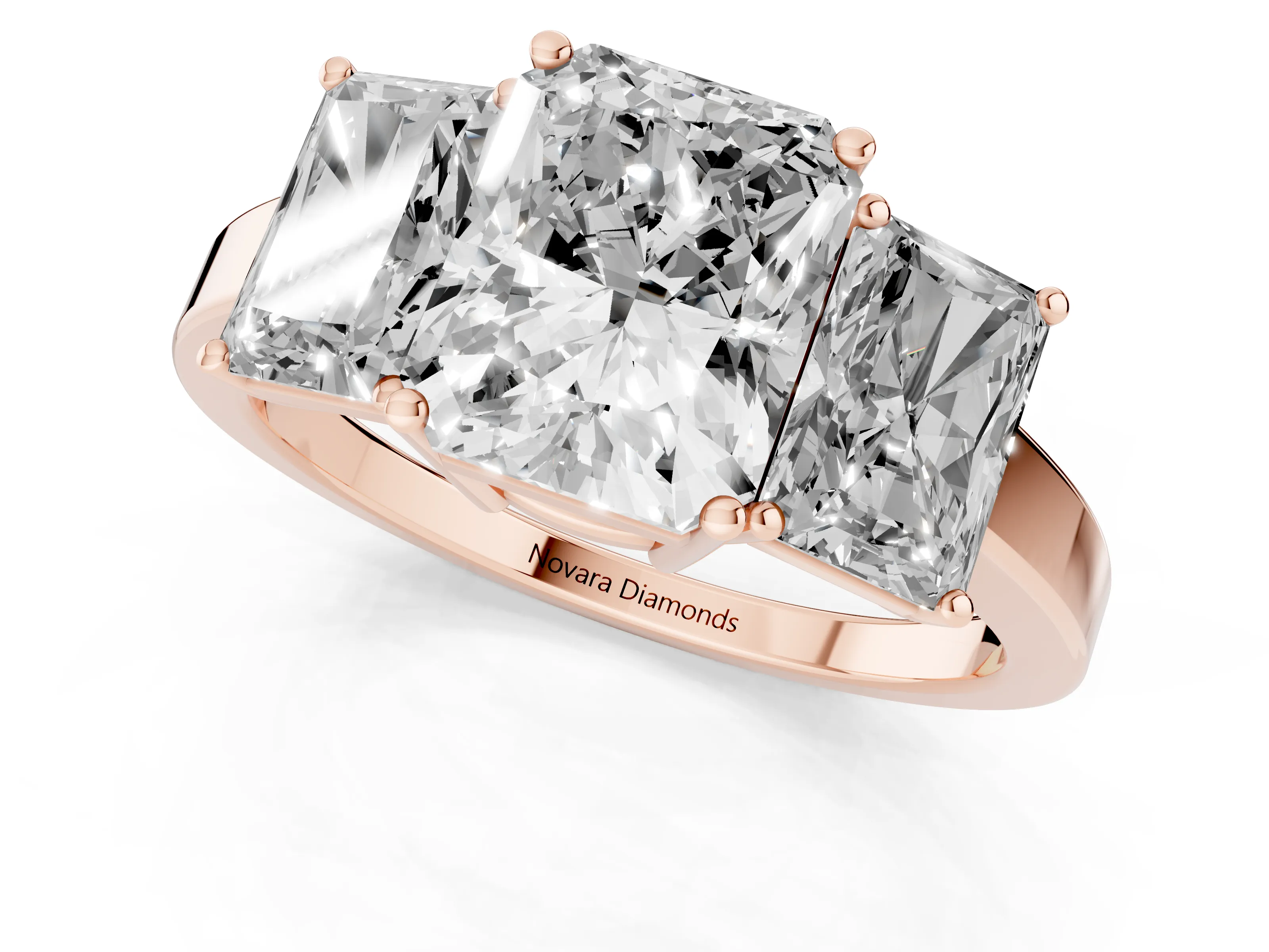 Radiant Cut Diamond Three-Stone Engagement Ring Set in Rose gold with Flat Band