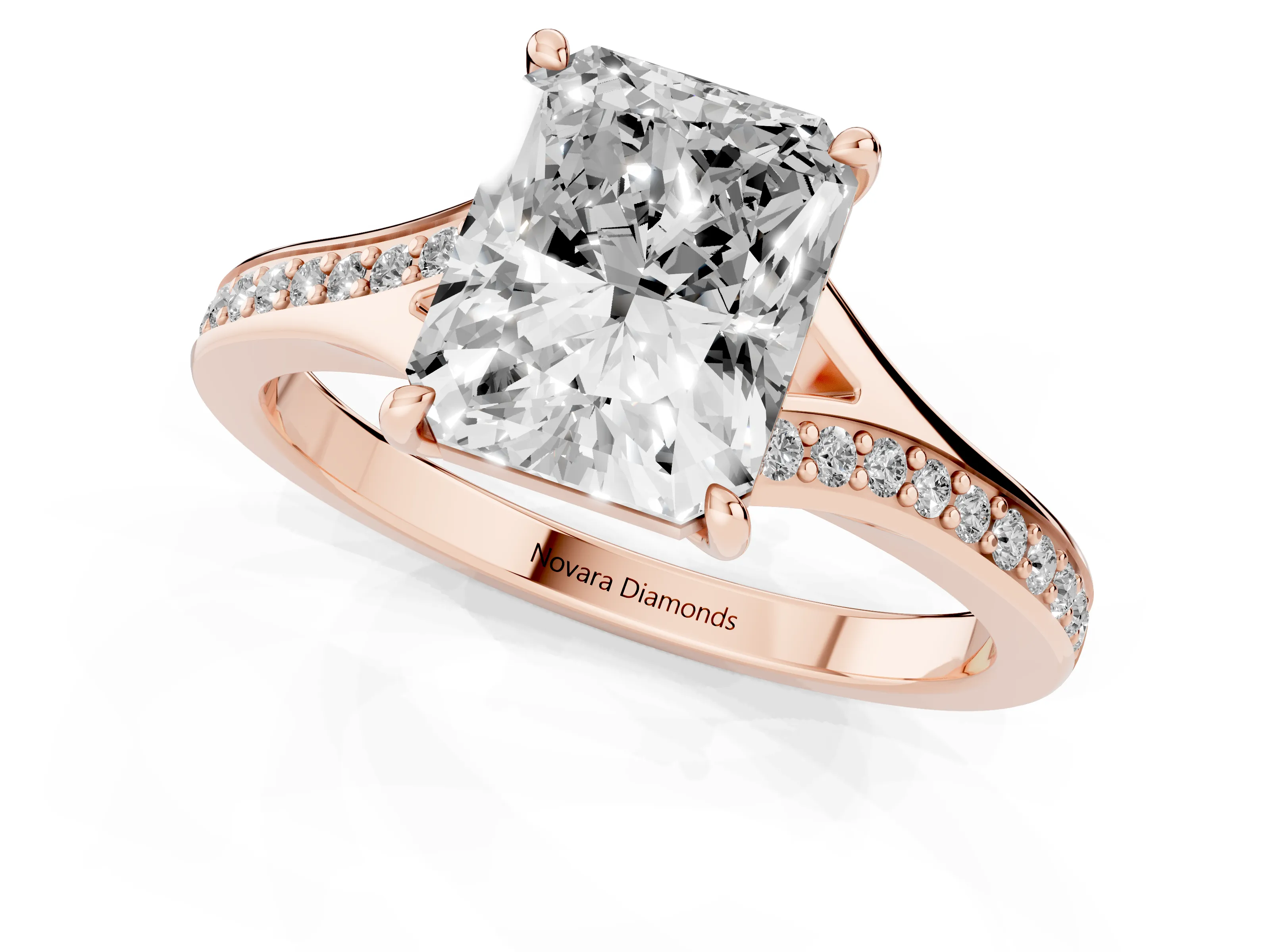 Radiant Cut Diamond Solitaire Ring Set in Rose gold with Pavé Accent Band and Classic Prong Setting