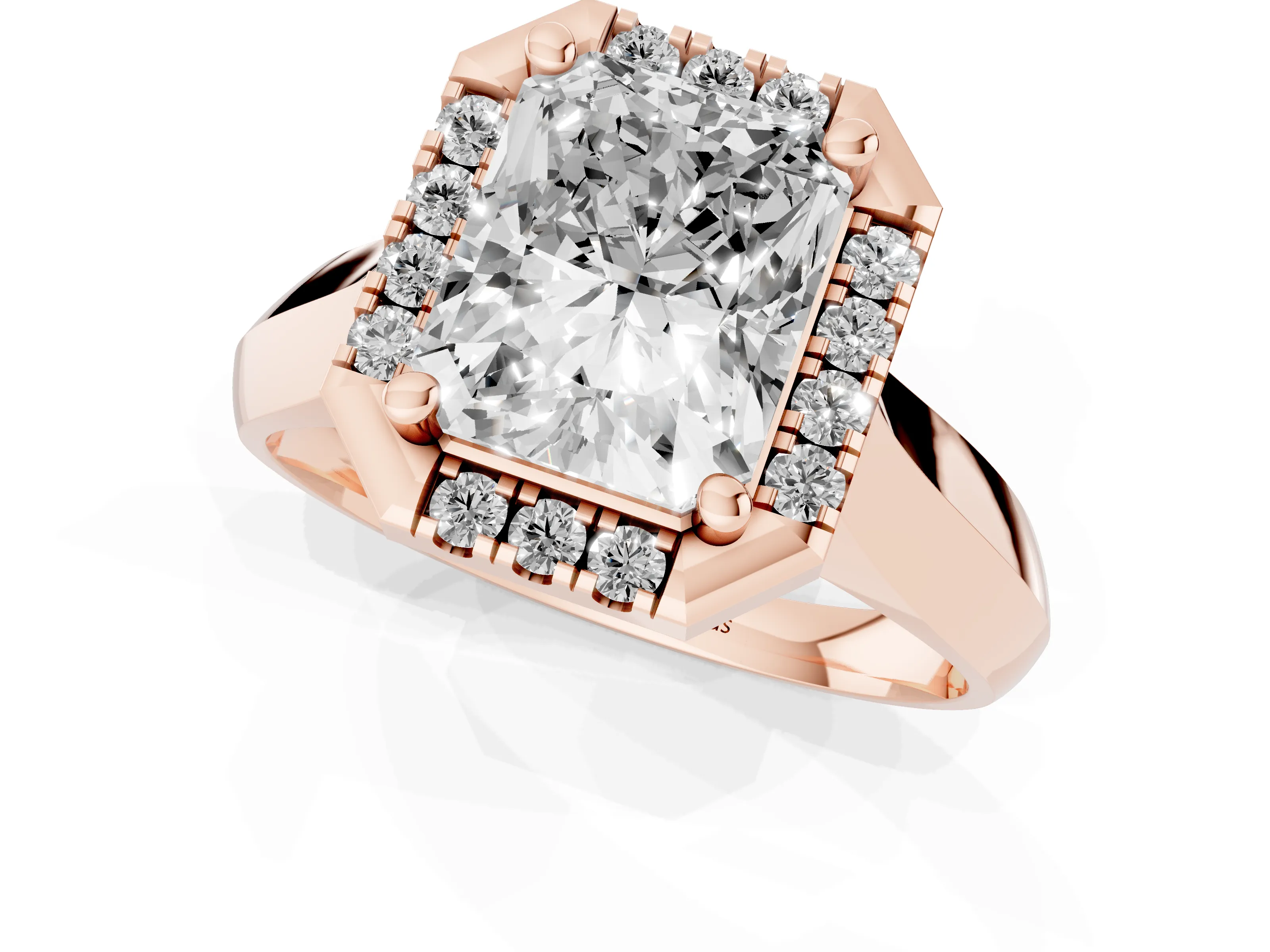 Radiant Cut Diamond Halo Solitaire Engagement Ring Set in Rose gold with Square Band and Prong Setting