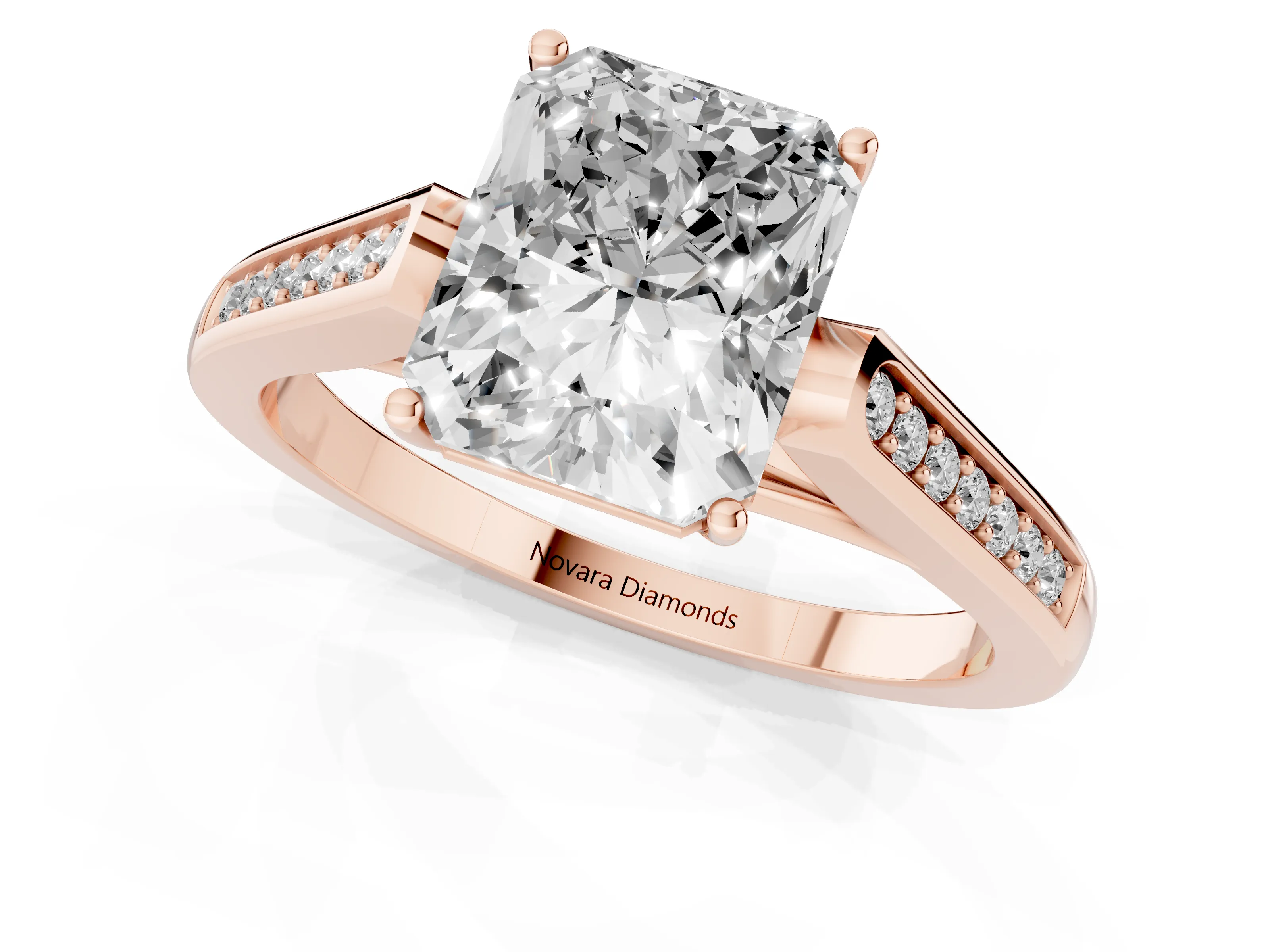 Radiant Cut Diamond Solitaire Cathedral Engagement Ring Set in Rose gold with Channel-Set Band and Prong Setting