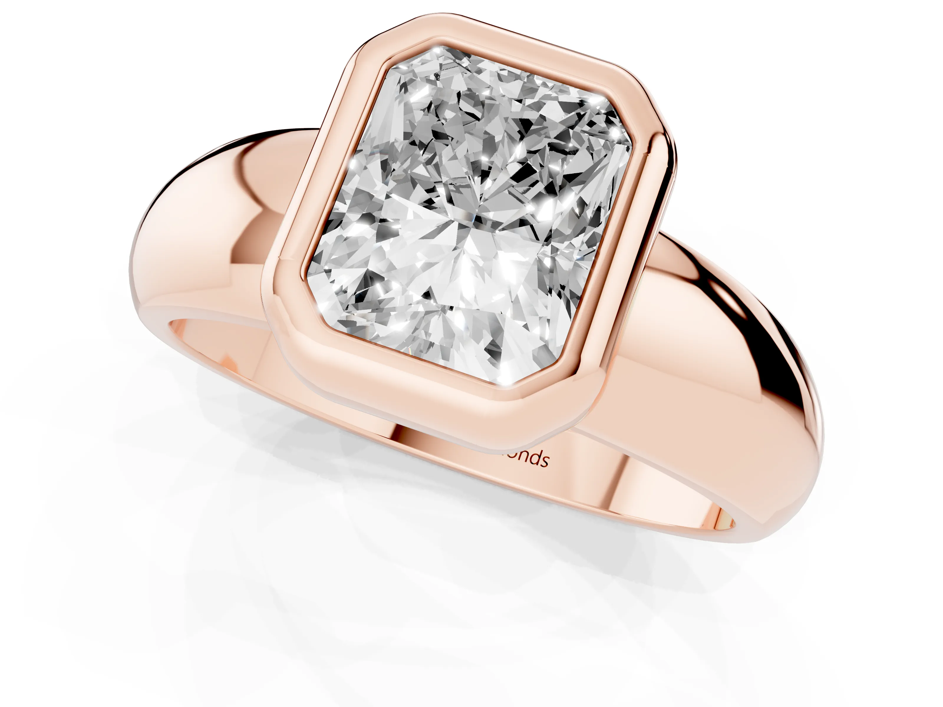 Bezel Set Radiant Cut Diamond Solitaire Ring Set in Rose gold with Wide Band