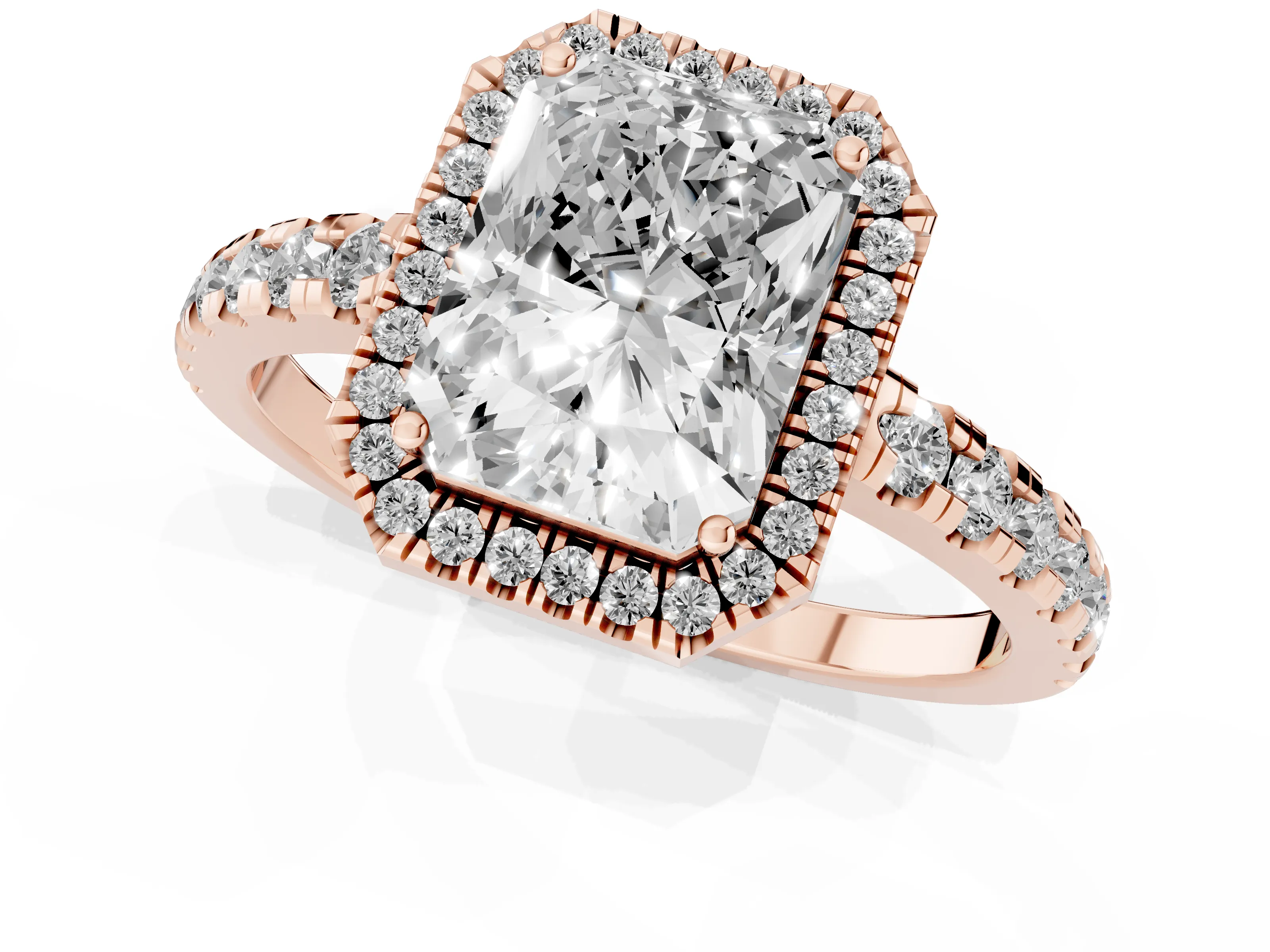 Radiant Cut Diamond Halo Ring Set in Rose gold with Delicate Pavé Band and Prong Setting