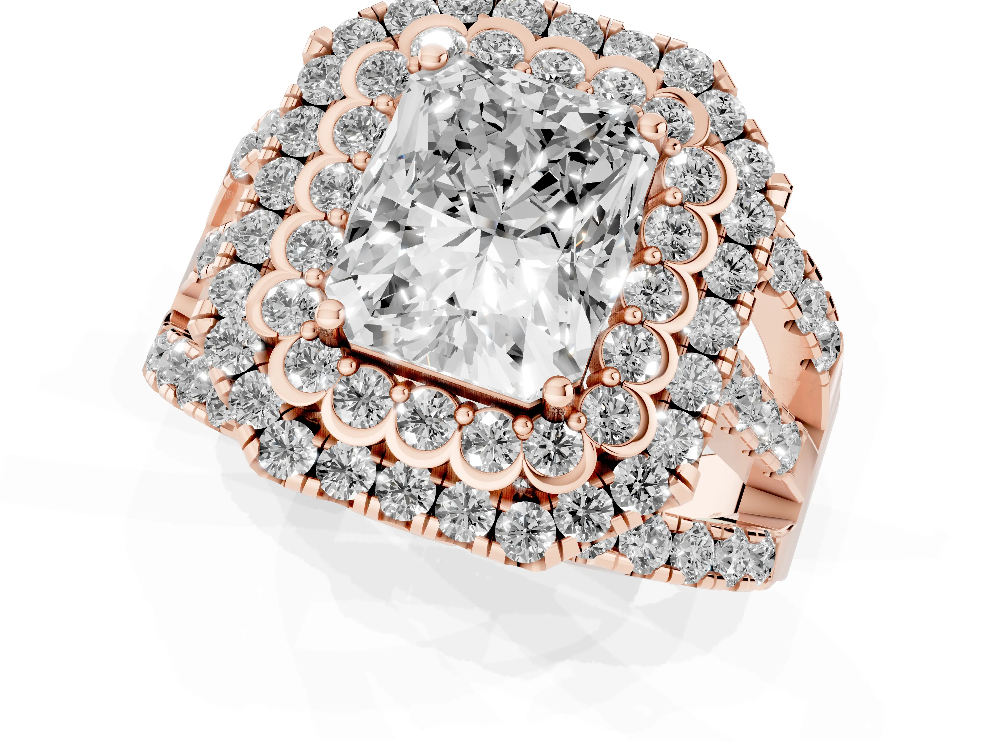 Radiant Cut Diamond Double Halo Ring Set in Rose gold with Round Pavé Split Shank