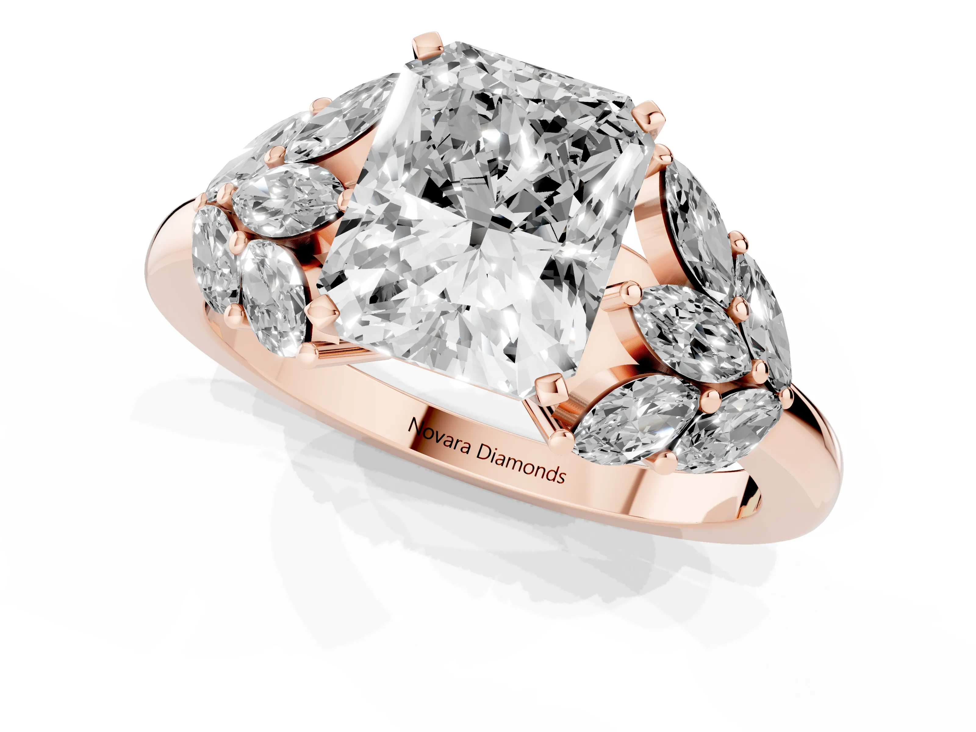 Radiant Cut Diamond Cluster Leaf Design Ring Set in Rose gold with Prong Setting