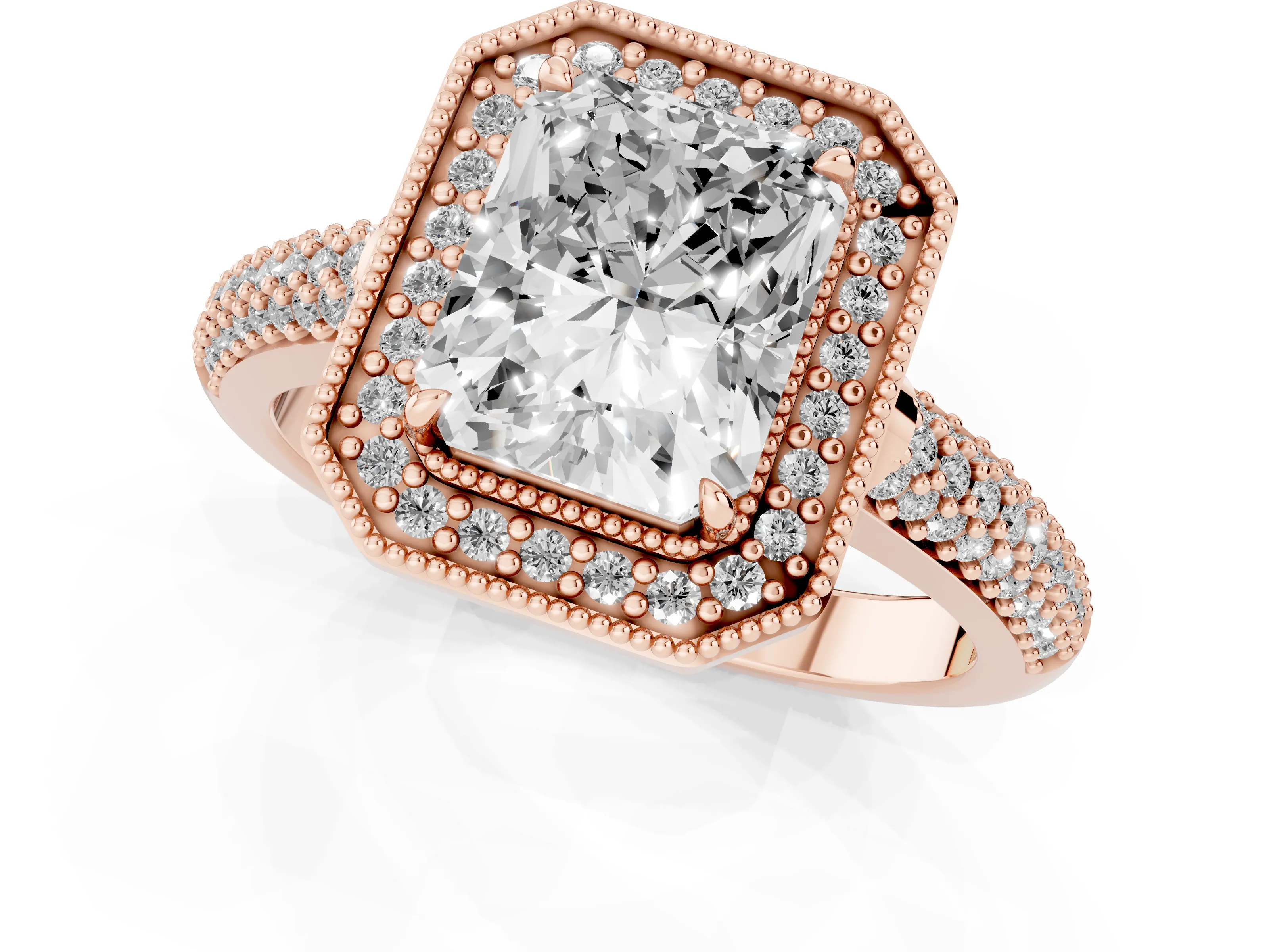 Radiant Cut Diamond Halo Pavé Band Set in Rose gold with Prong Setting