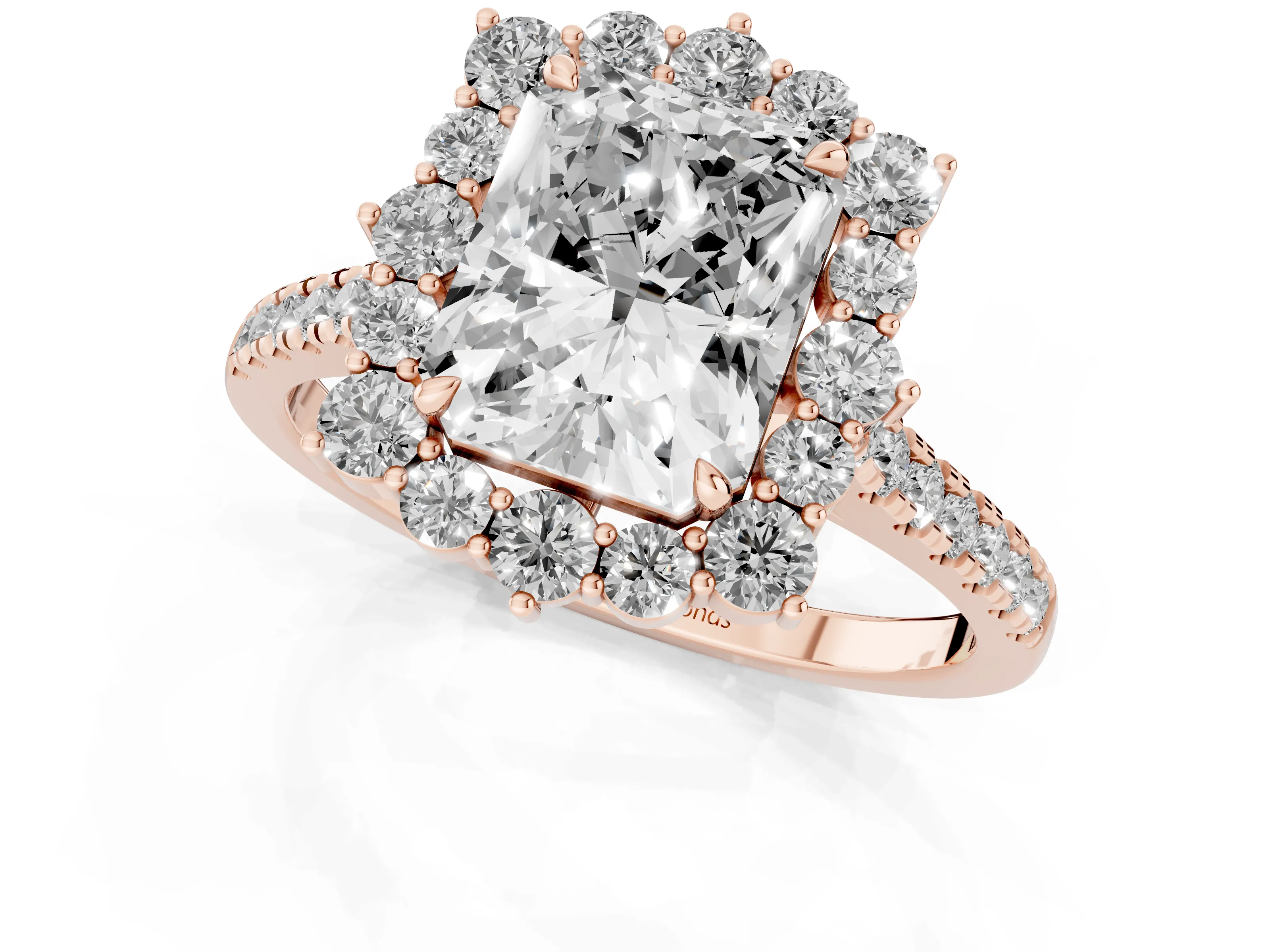 Radiant Cut Diamond Halo Ring Set in Rose gold with Pavé Band and Prong Setting