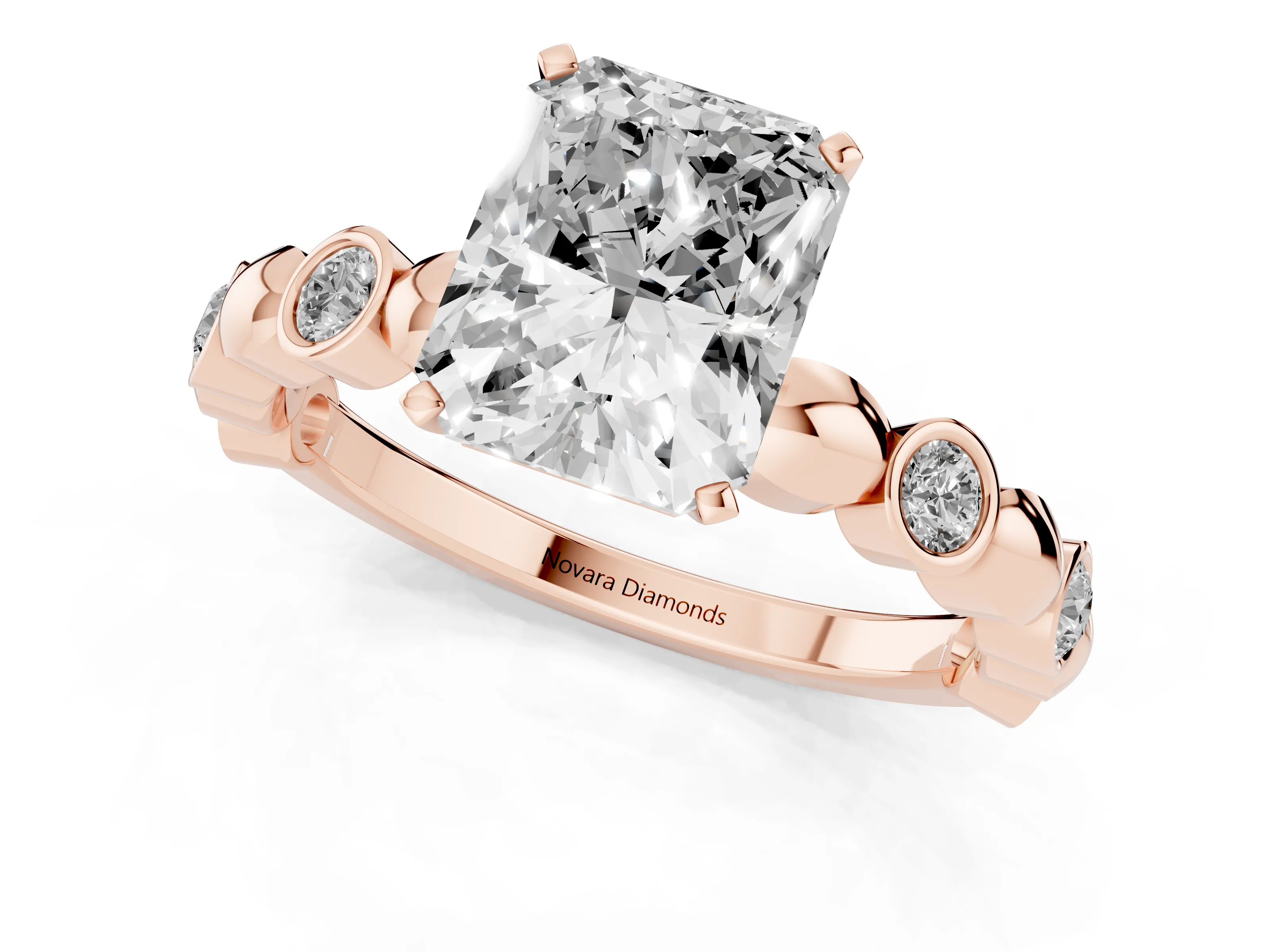 Radiant Cut Diamond Solitaire Ring Set in Rose gold with Bezel-Set Accents on Beaded Band and Prong Setting