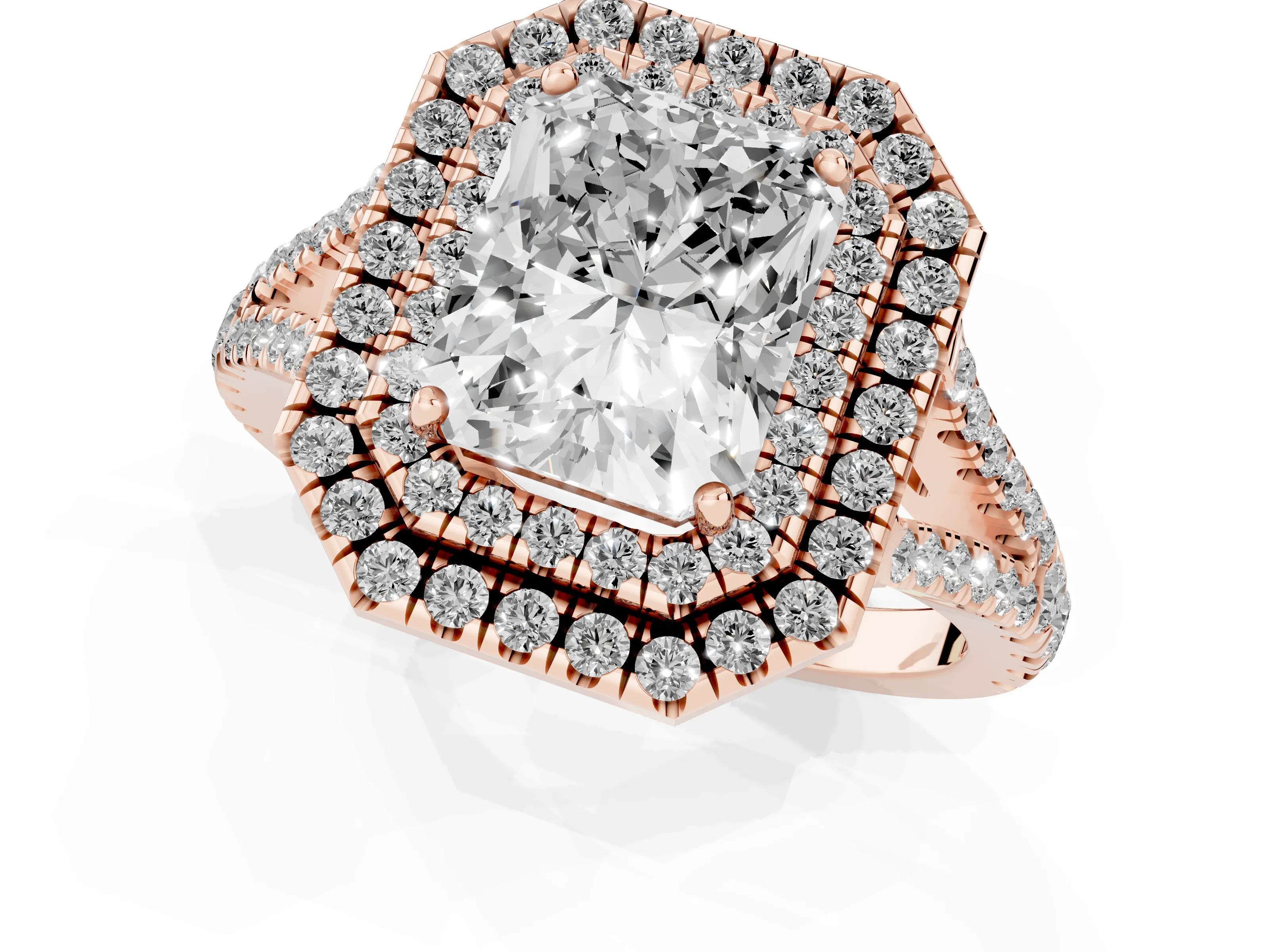 Radiant Cut Diamond Double Halo Ring Set in Rose gold with Pavé Band