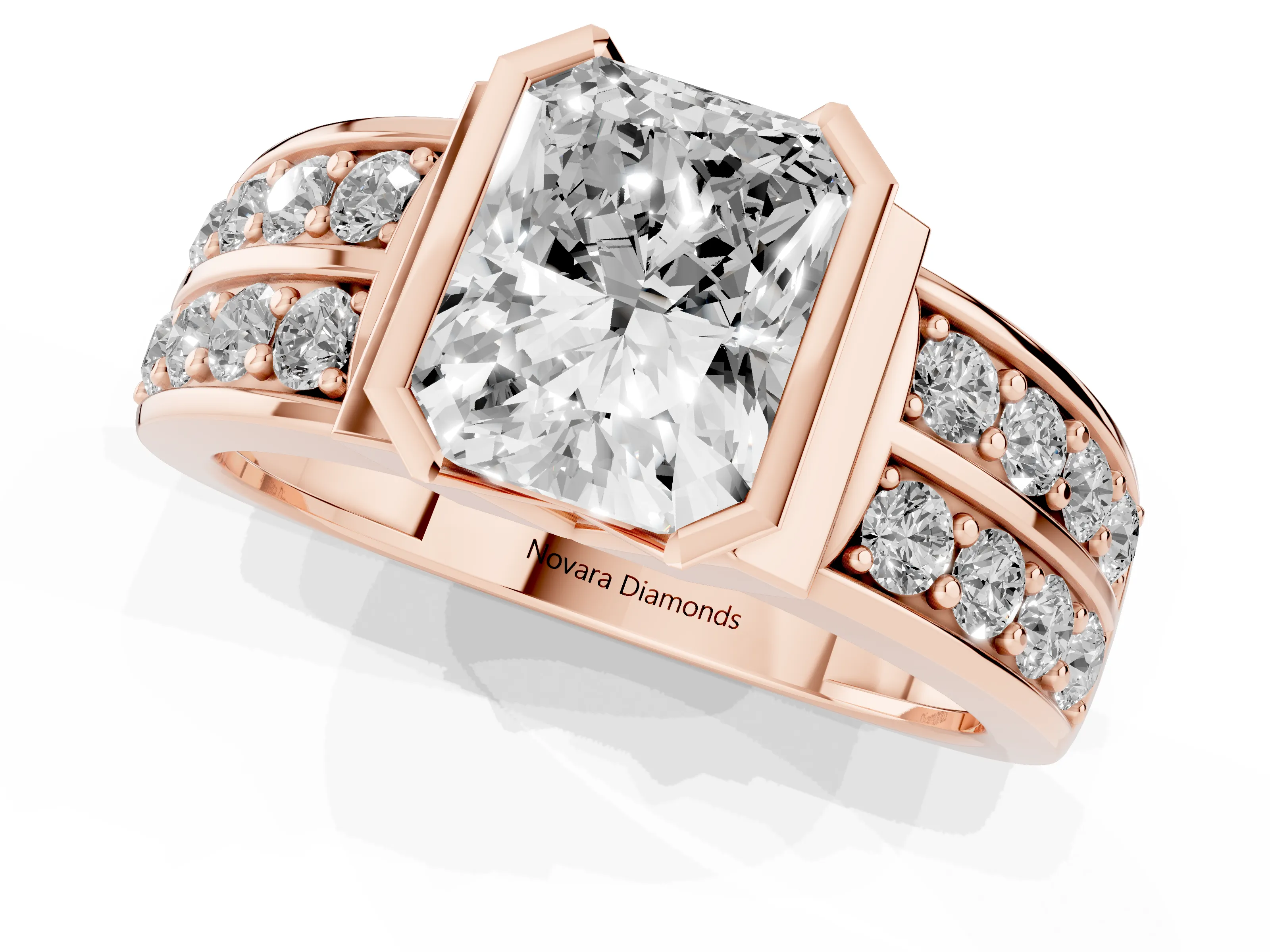 Radiant Cut Diamond Wide Channel Set Band Ring Set in Rose gold with Bezel Setting