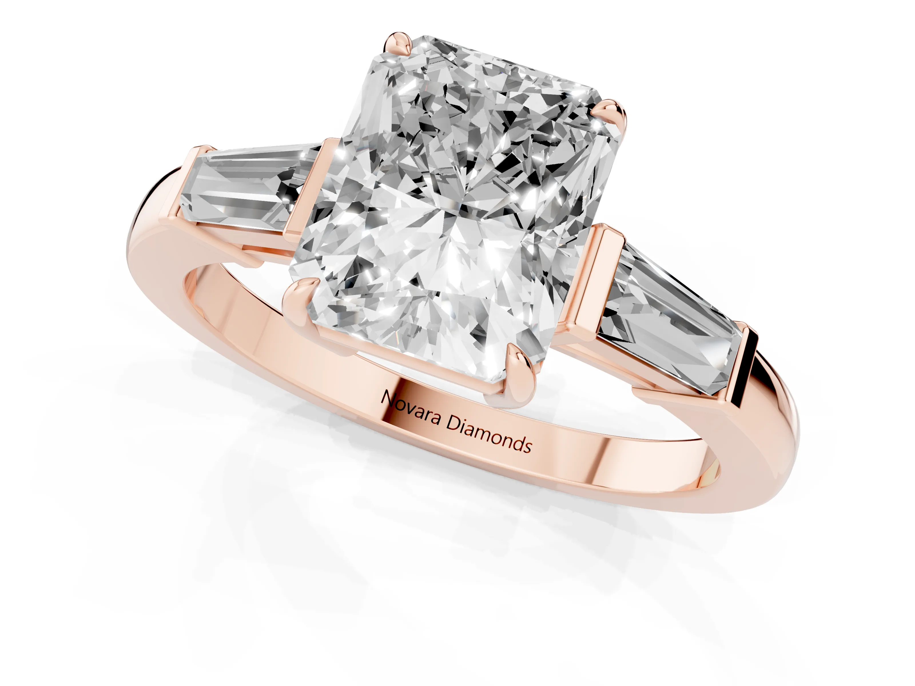Radiant Cut Diamond Three-Stone Ring Set in Rose gold with Tapered Baguette Side Stones and Prong Setting