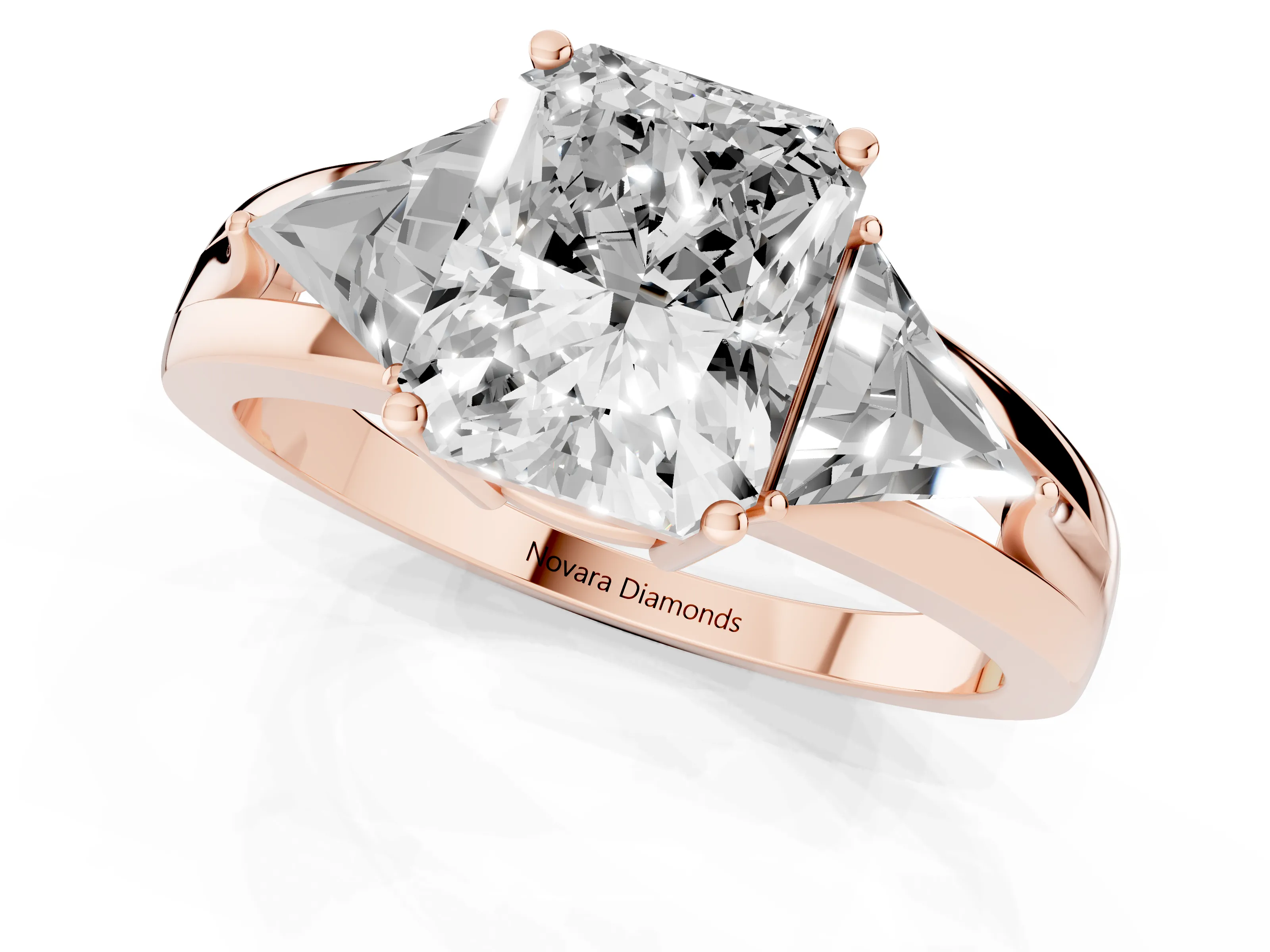 Radiant Cut Diamond Three-Stone Ring Set in Rose gold with Trillion Side Stones and Split Shank