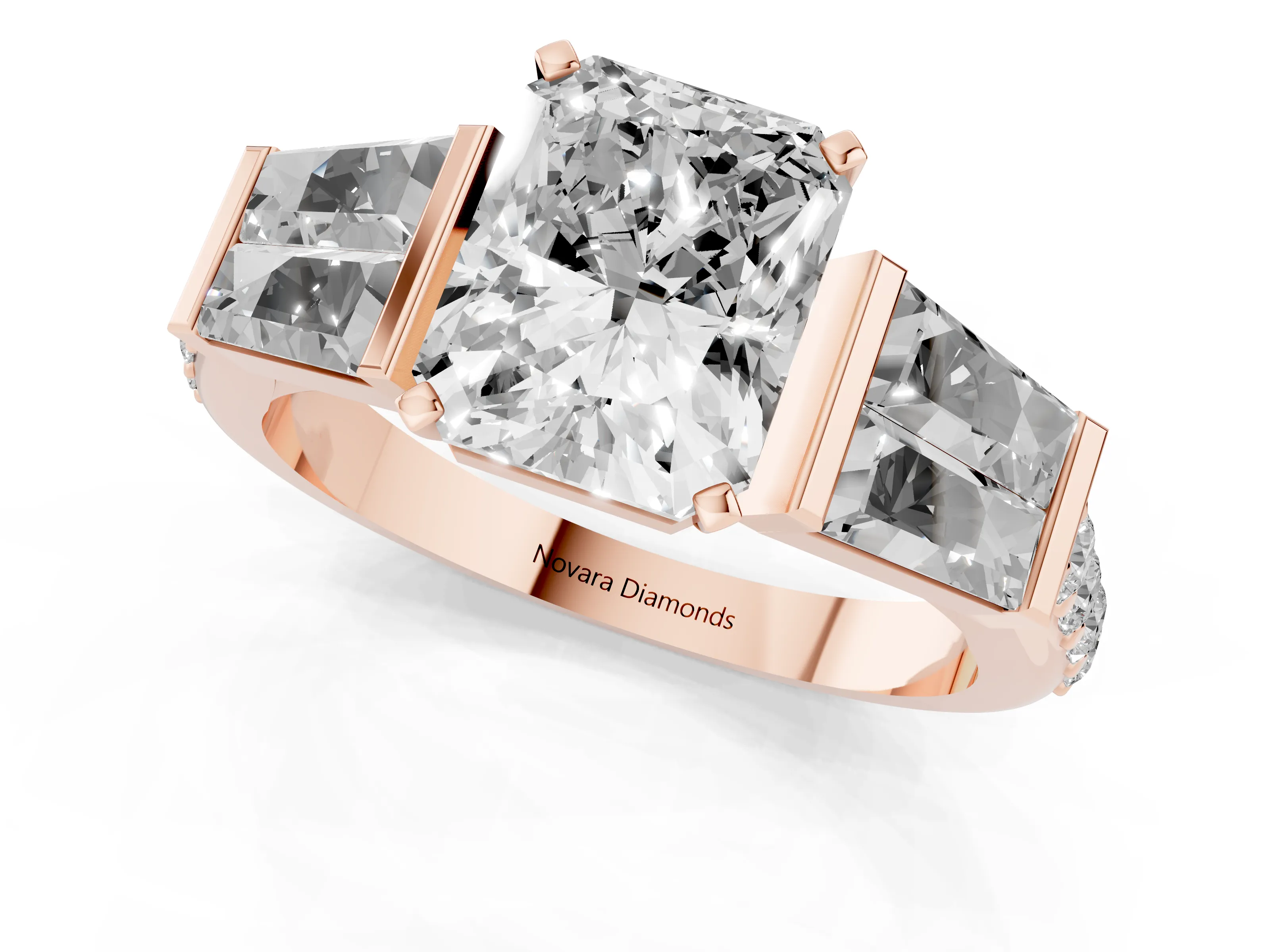 Radiant Cut Diamond Engagement Ring Set in Rose gold with Baguette Side Stones and Channel Set Band