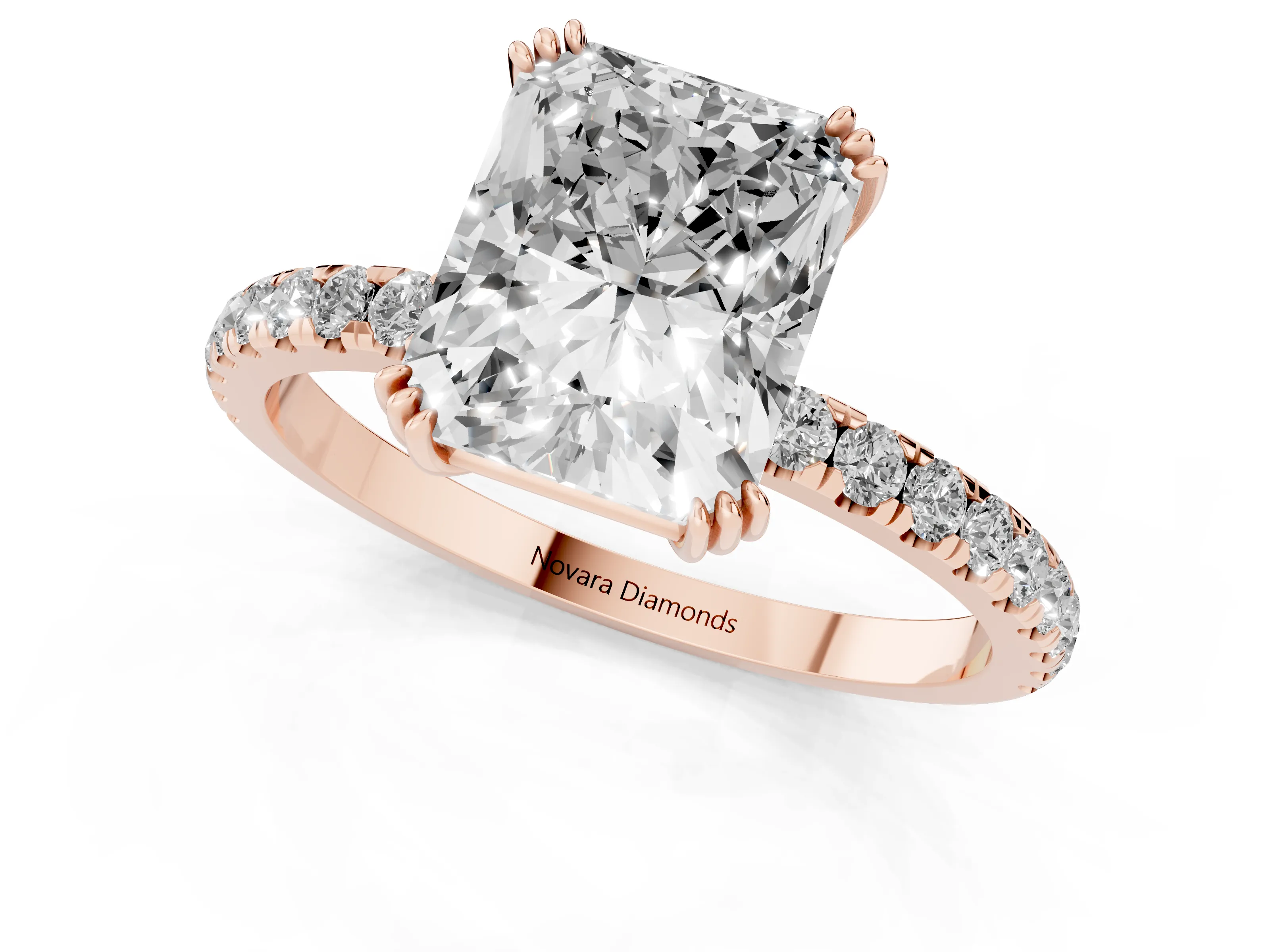 Radiant Cut Diamond Brilliant Solitaire Set in Rose gold with Pavé Band and Claw Prong Setting
