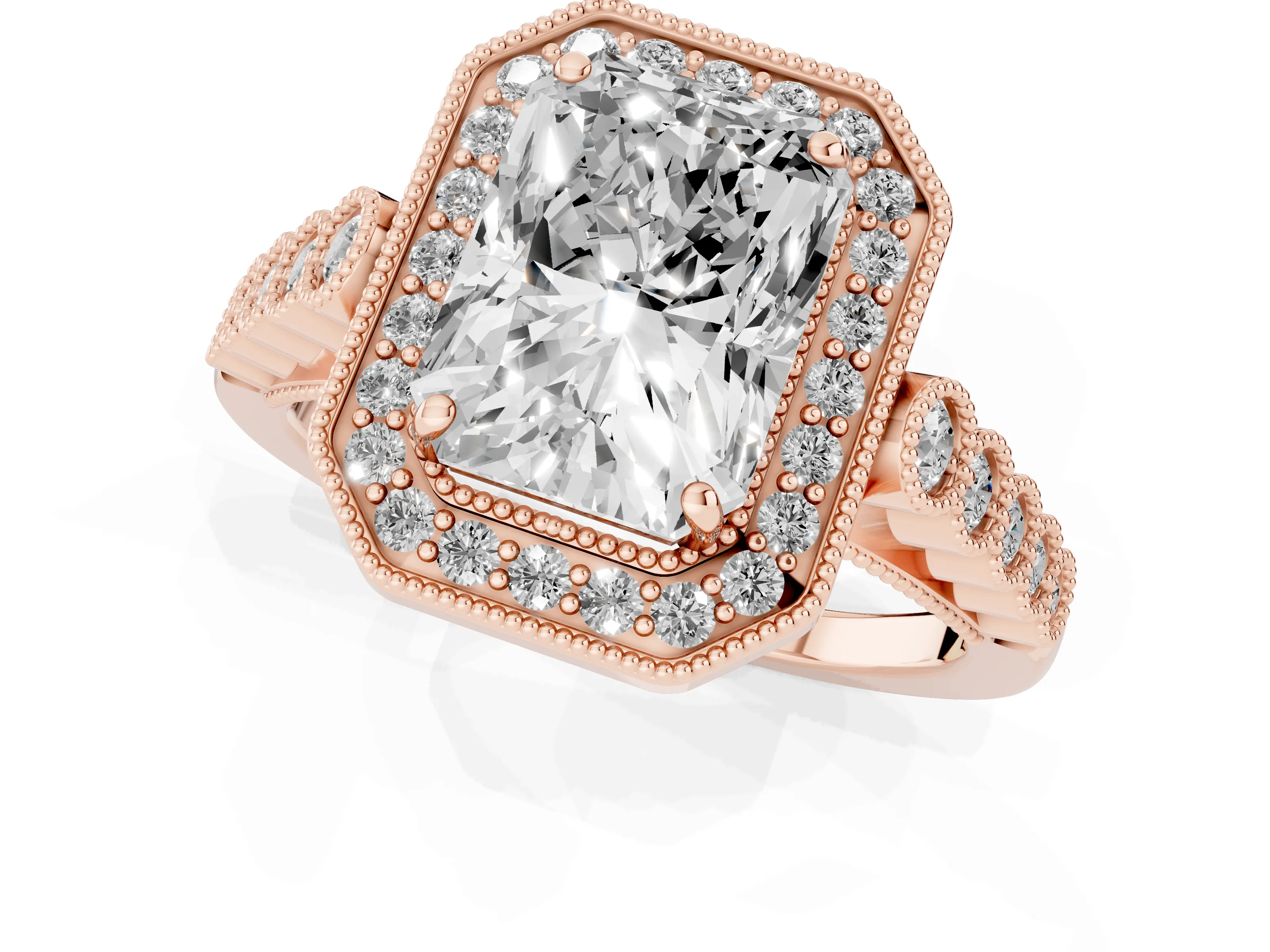 Radiant Cut Diamond Milgrain Halo Solitaire Ring Set in Rose gold with Bezel Set Side Stones and Pavé Band
