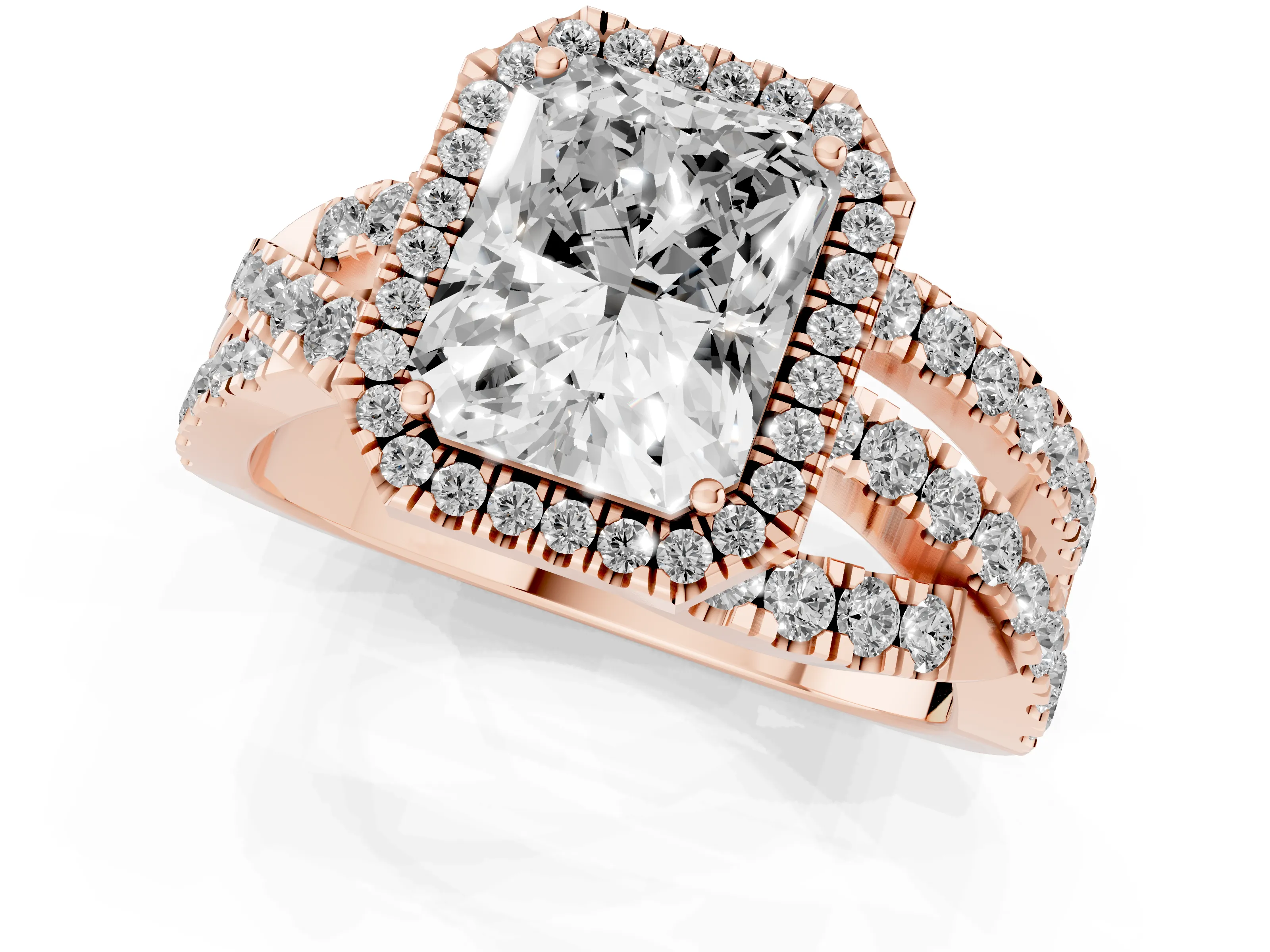 Radiant Cut Diamond Halo Ring Set in Rose gold with Round Crossover Split Shank and Prong Setting