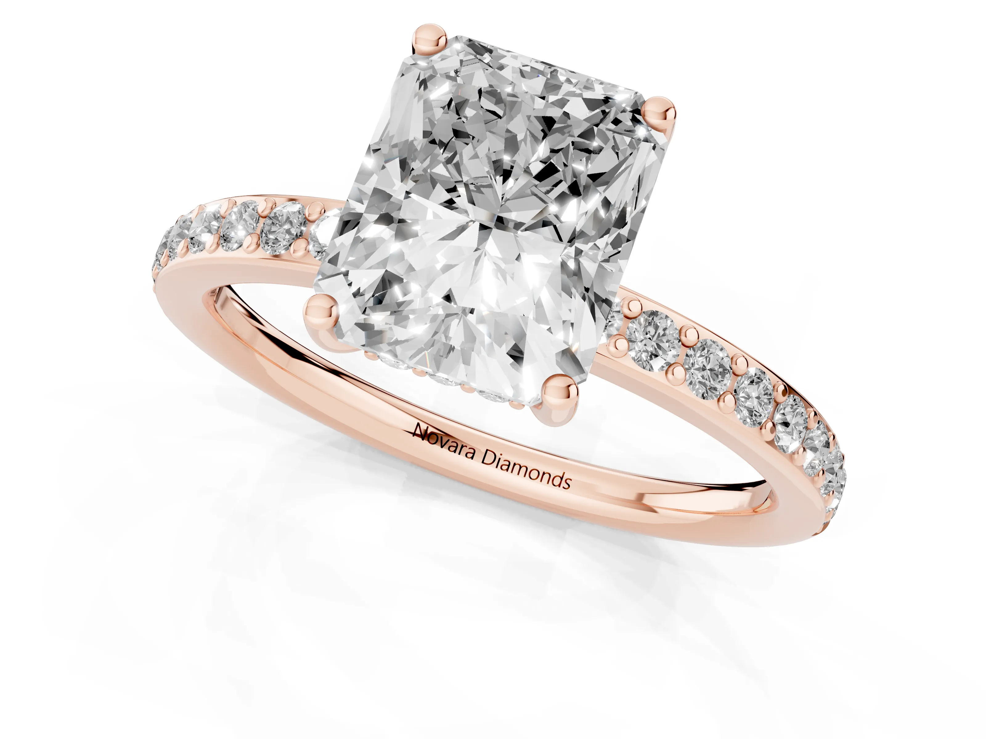 Radiant Cut Diamond Pavé Band Ring Set in Rose gold with Prong-Set Center Stone
