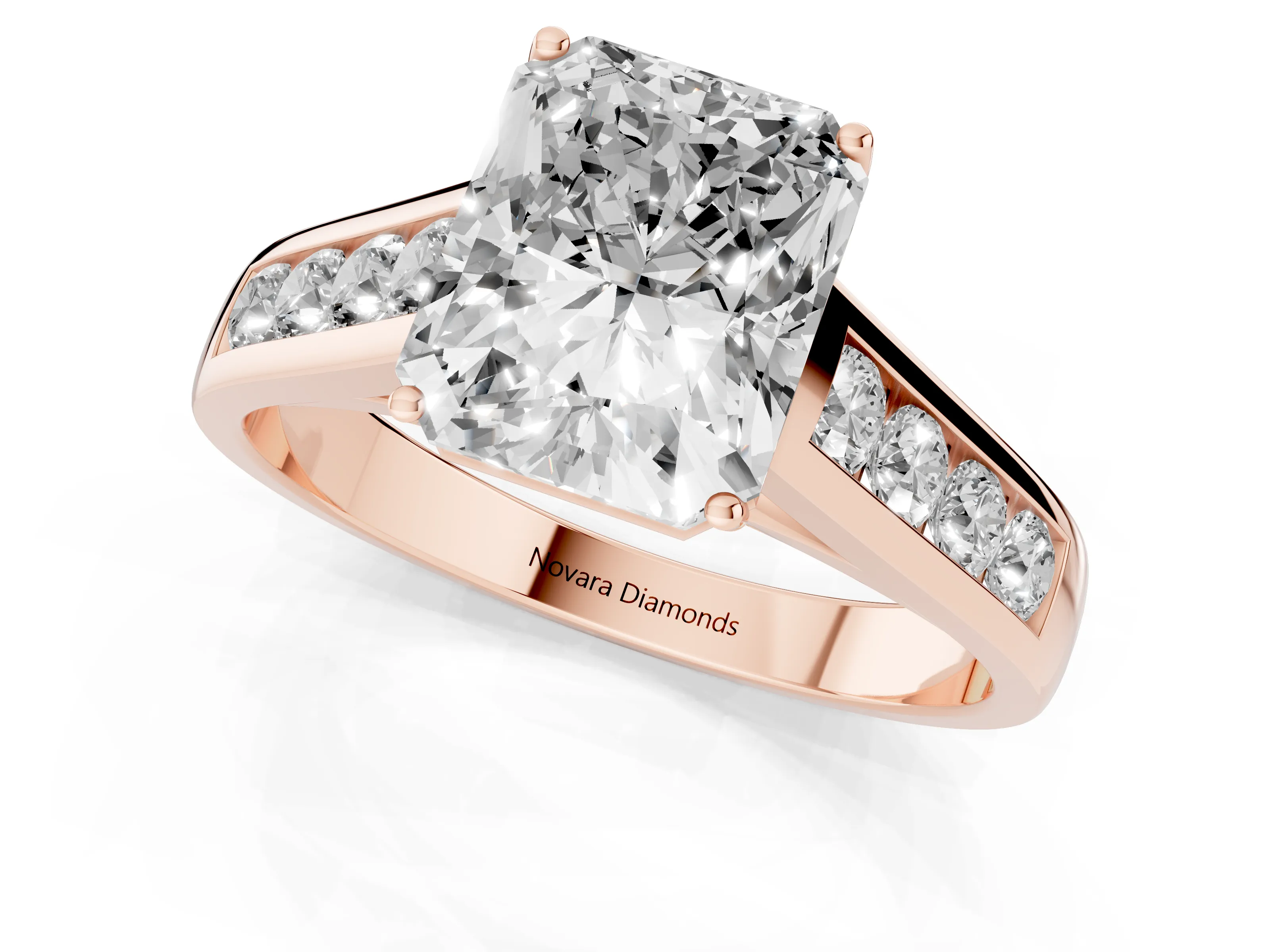 Radiant Cut Diamond Brilliant Channel-Set Solitaire Ring Set in Rose gold with Prong Setting