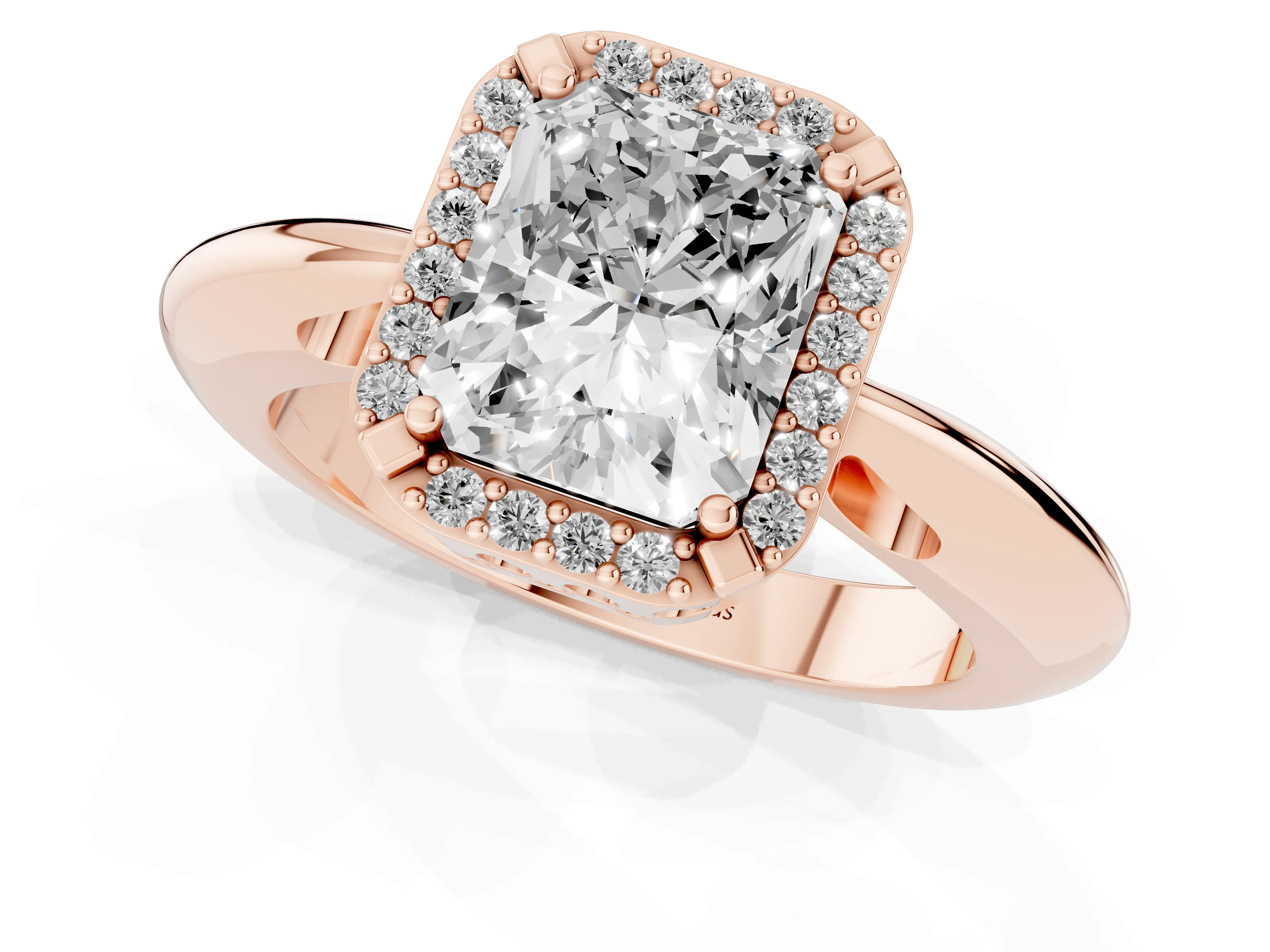 Radiant Cut Diamond Halo Engagement Ring Set in Rose gold with Plain Split Shank and Prong Setting