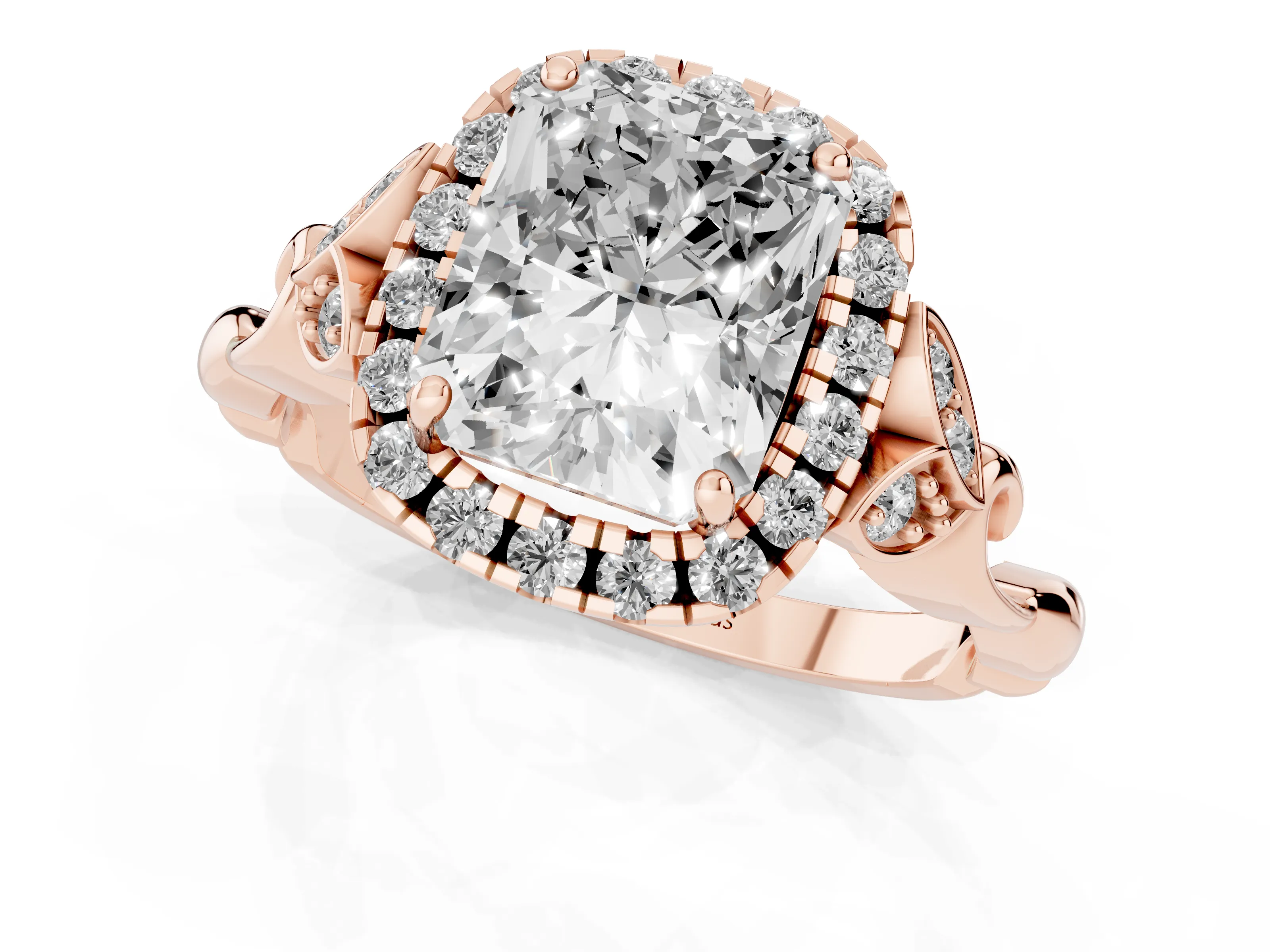 Radiant Cut Diamond Halo Engagement Ring Set in Rose gold with Vintage-Inspired Band and Prong Setting
