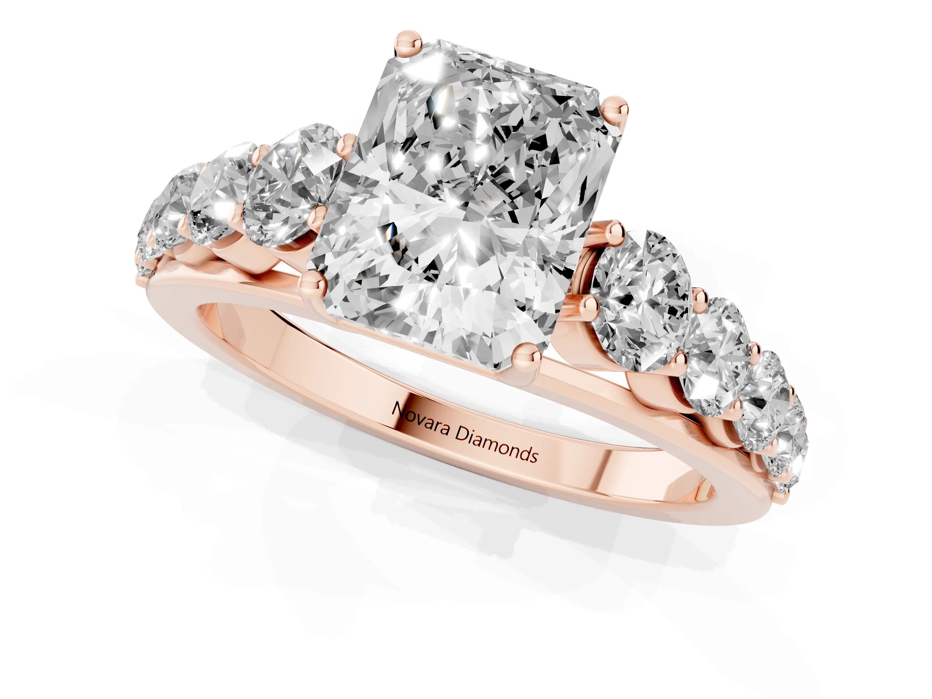 Radiant Cut Diamond Solitaire Ring Set in Rose gold with Pavé-Set Band and Prong Setting